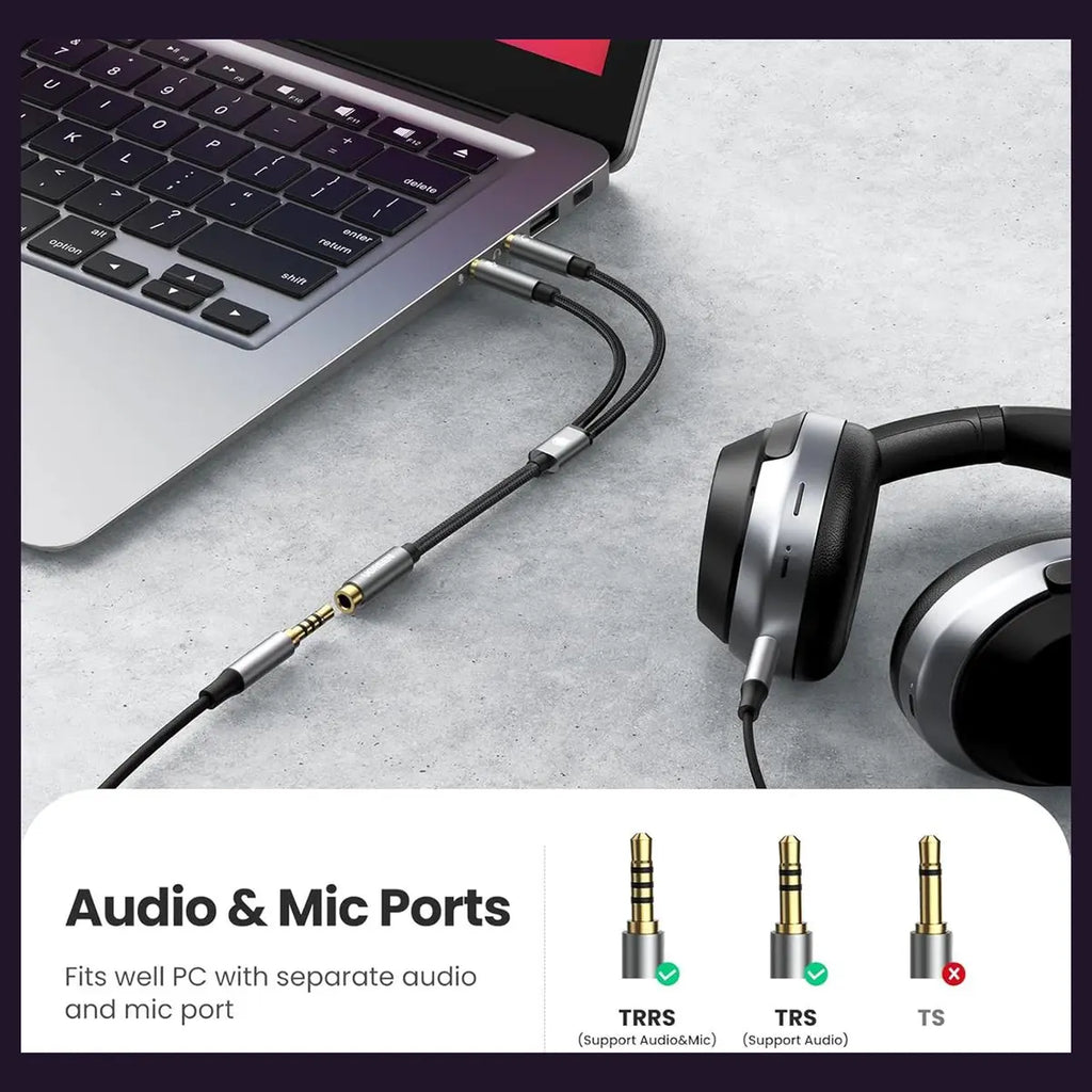 Ugreen Headphone Splitter, 3.5mm Female to 2 Dual 3.5mm Male Braided Audio Splitter Cable Microphone Stereo Jack Adapter Black 20899