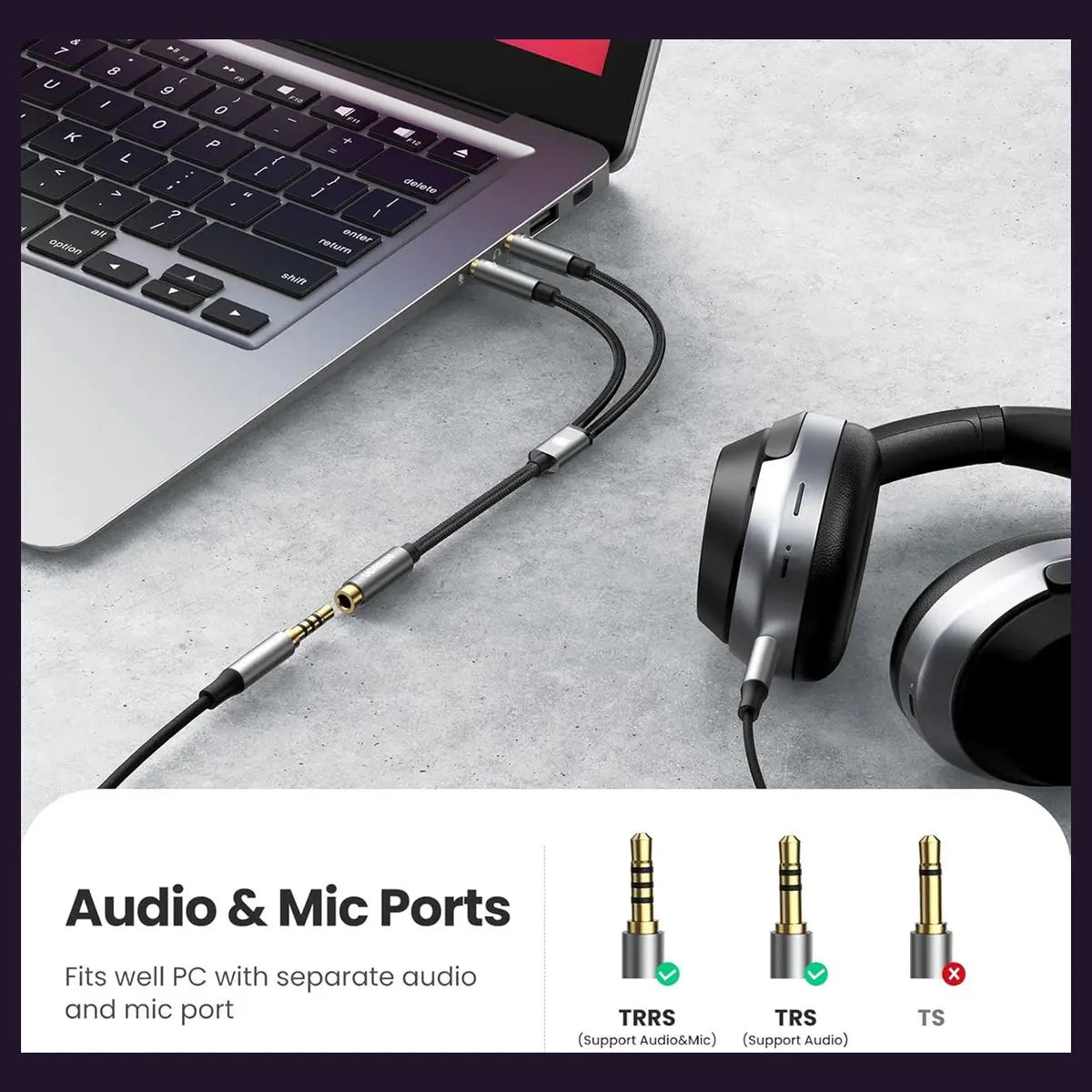 Ugreen Headphone Splitter, 3.5mm Female to 2 Dual 3.5mm Male Braided Audio Splitter Cable Microphone Stereo Jack Adapter Black 20899