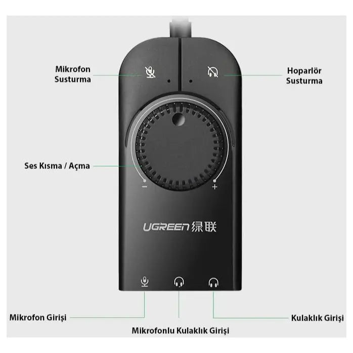 Ugreen USB External Stereo Sound Adapter, 3.5mm Headphone Mic, 15cm, Black 40964