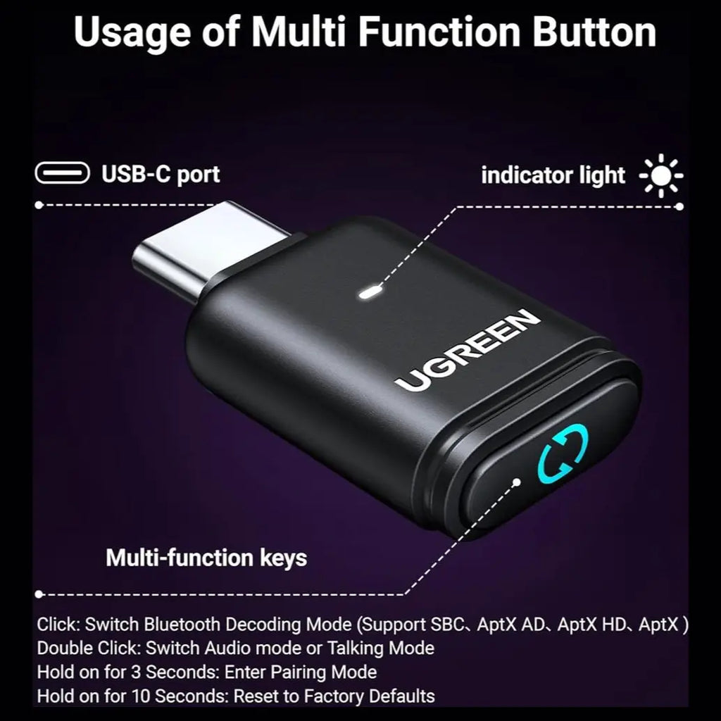Ugreen USB-C Bluetooth Adapter for PS5, Bluetooth 5.3, AptX Low Latency AptX-Adaptive