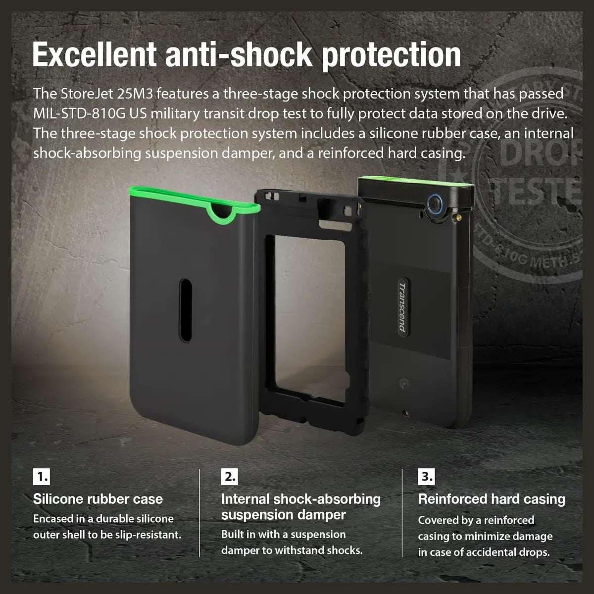 Transcend StoreJet 2TB Rugged External Hard Drive Micro-USB 3.2 Gen 1, TS2TSJ25M3S