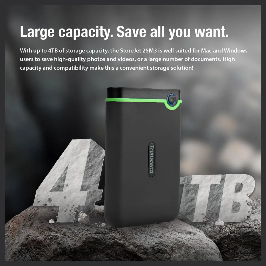 Transcend StoreJet 2TB Rugged External Hard Drive Micro-USB 3.2 Gen 1, TS2TSJ25M3S