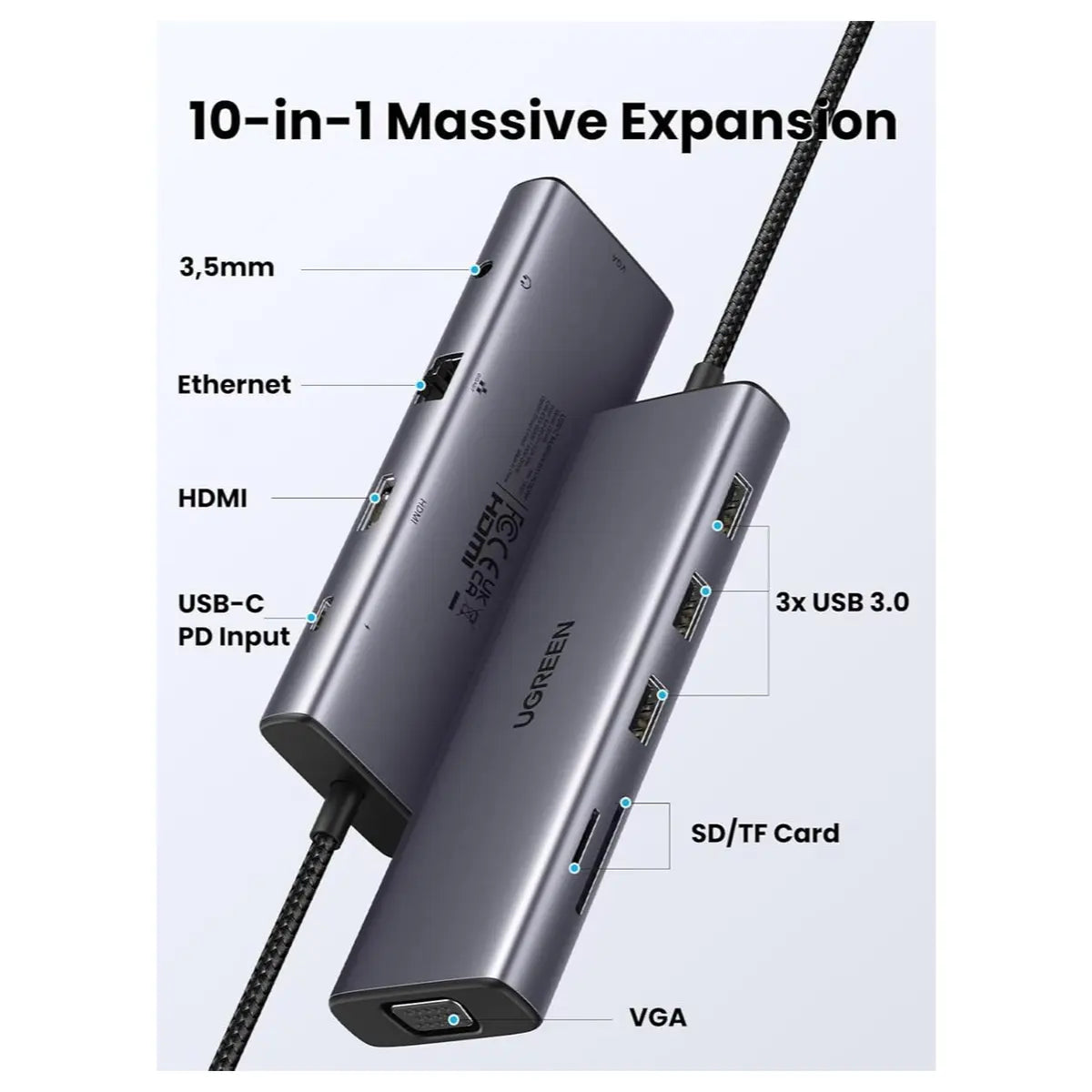 Ugreen USB C Hub USB-C 10-in-1 Dongle Dual Monitor 4K 30Hz HDMI and VGA 1Gbps Ethernet 100W PD 3x USB-A 3.0 SD and Micro SD 3.5mm Audio Jack 15601
