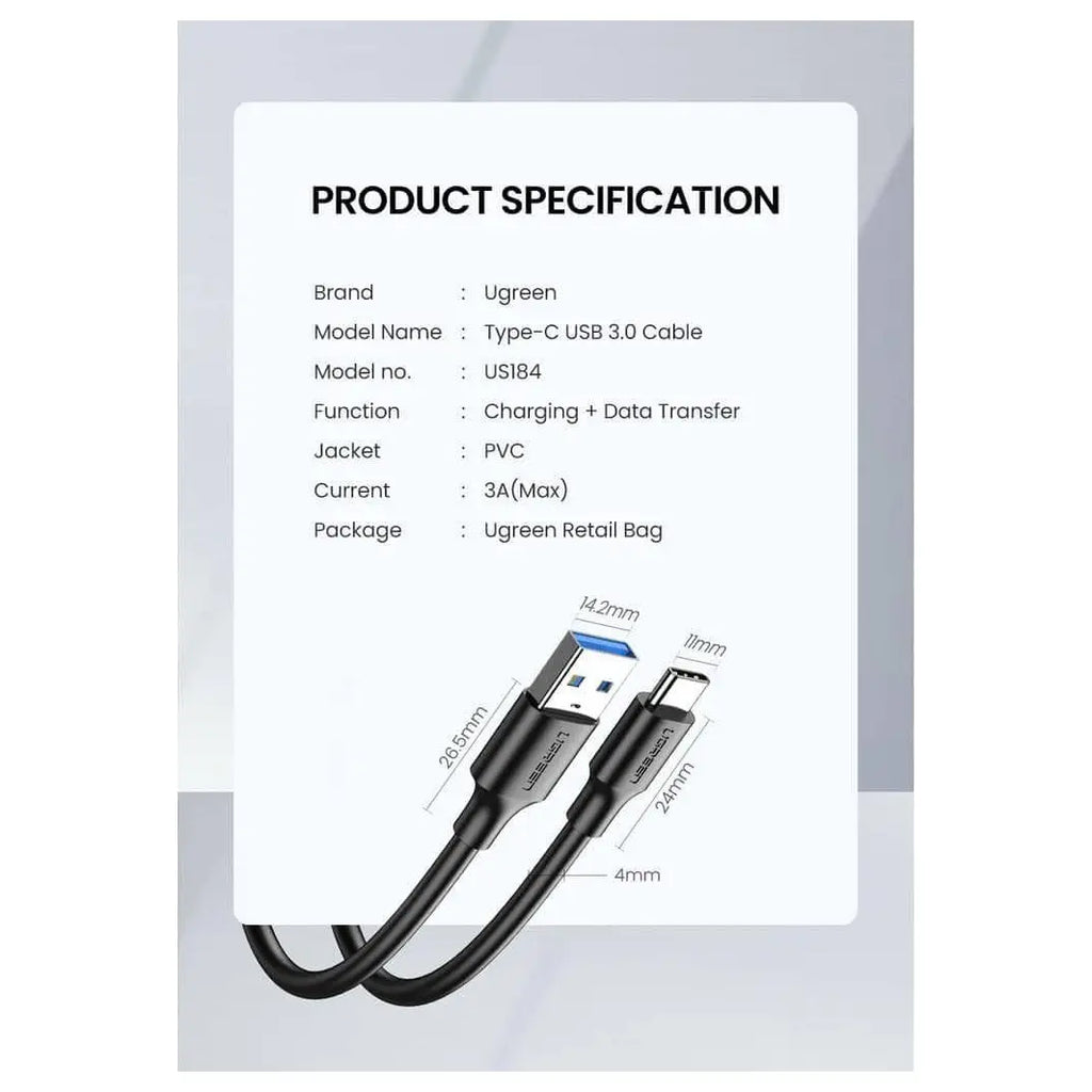 Ugreen USB 3.0 A Male to Type C Male Cable, 5Gbps, 3A, 1m, Black 20882