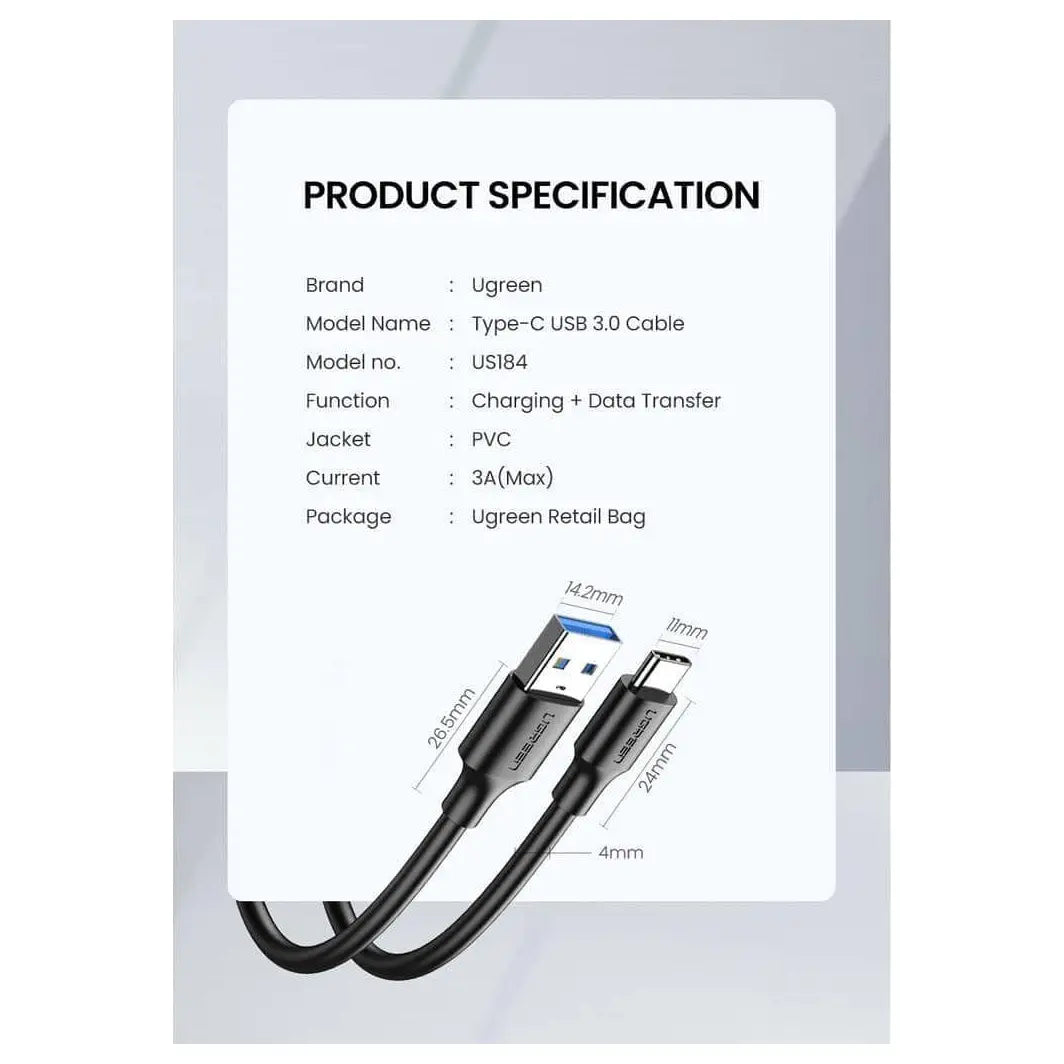 Ugreen USB 3.0 A Male to Type C Male Cable, 5Gbps, 3A, 1m, Black 20882