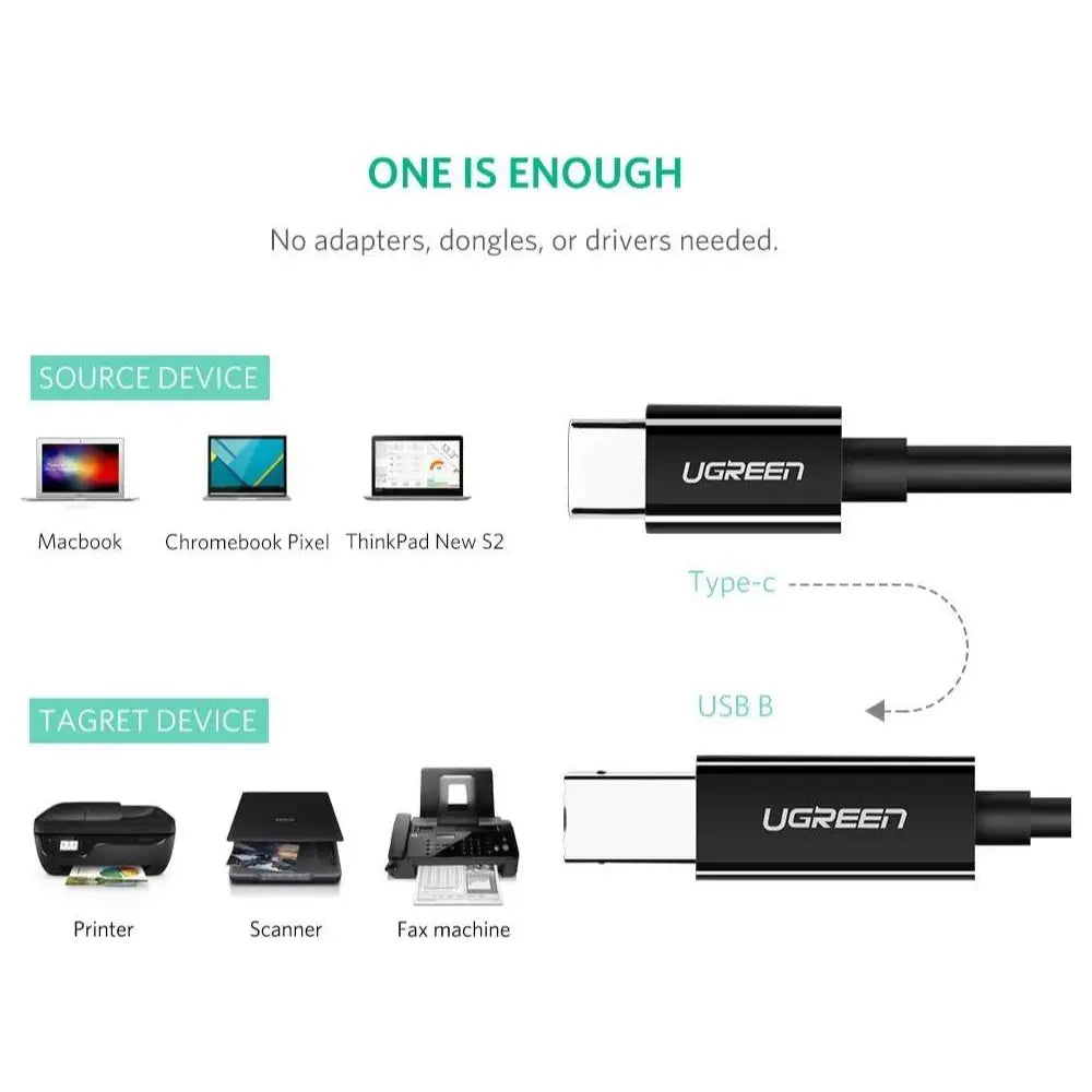Ugreen USB-C Printer Cable 2M USB Type C to USB 2.0 Type B, 480Mbps, Black 50446