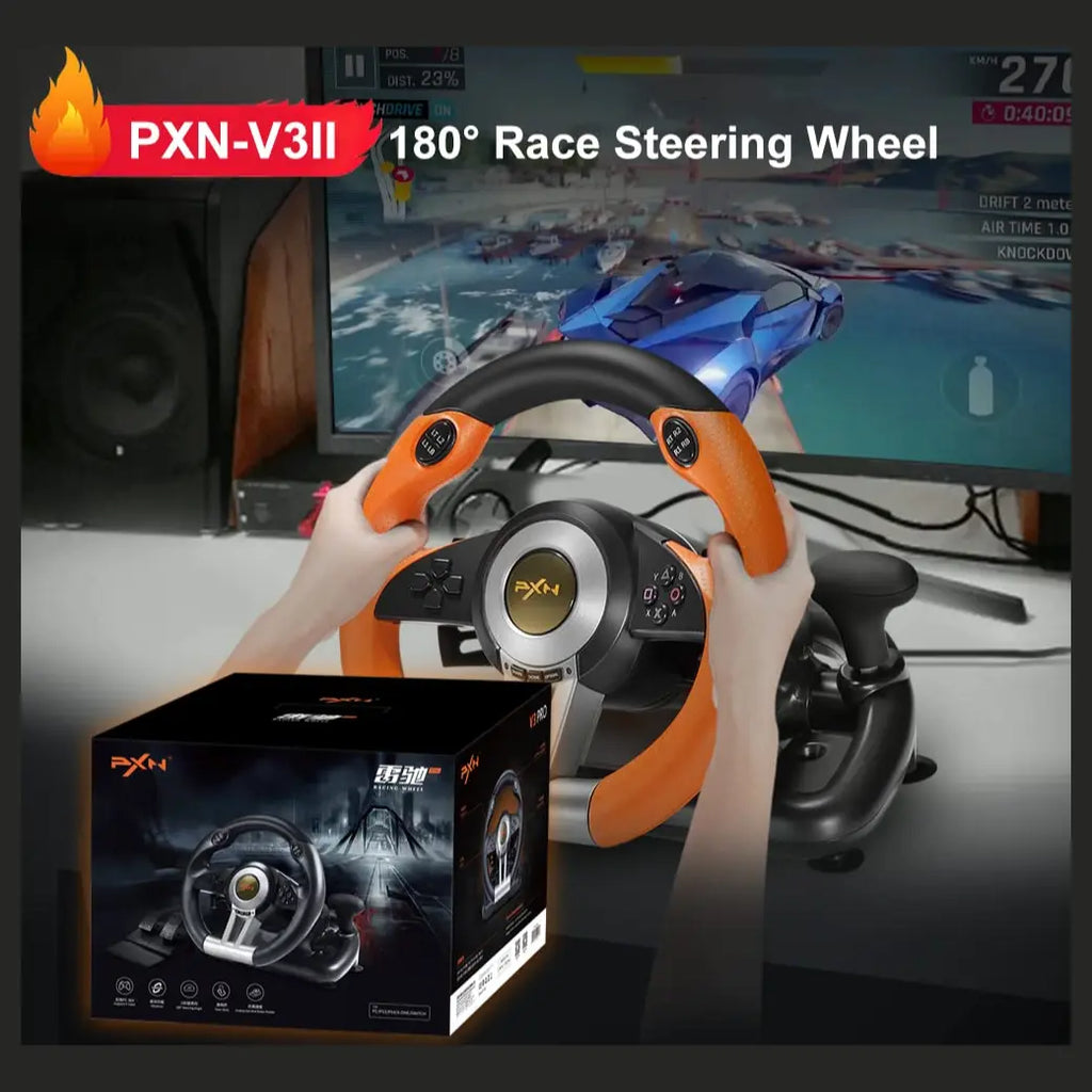 PXN V3 Pro Gaming Racing Steering Wheel Gaming Steering Wheel, Multi-Platform Compatibility, 180-Degree Steering, Dual Vibration, Orange