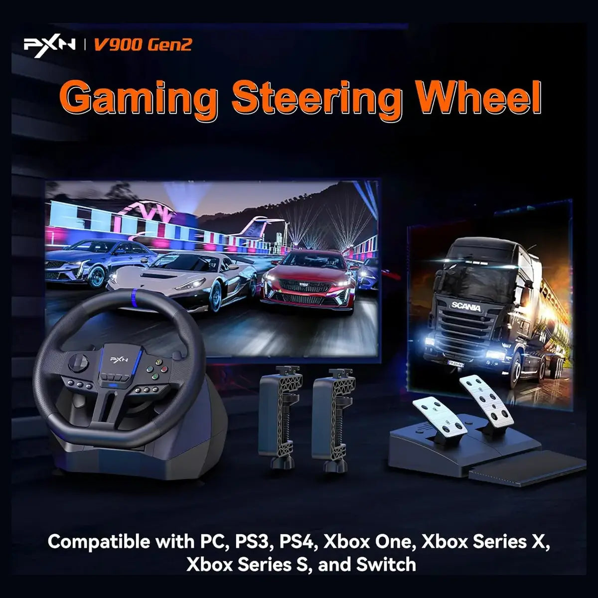 PXN V900 Gen2 PC Racing Wheel, Universal USB, 270 and 900 Degree, with Pedals