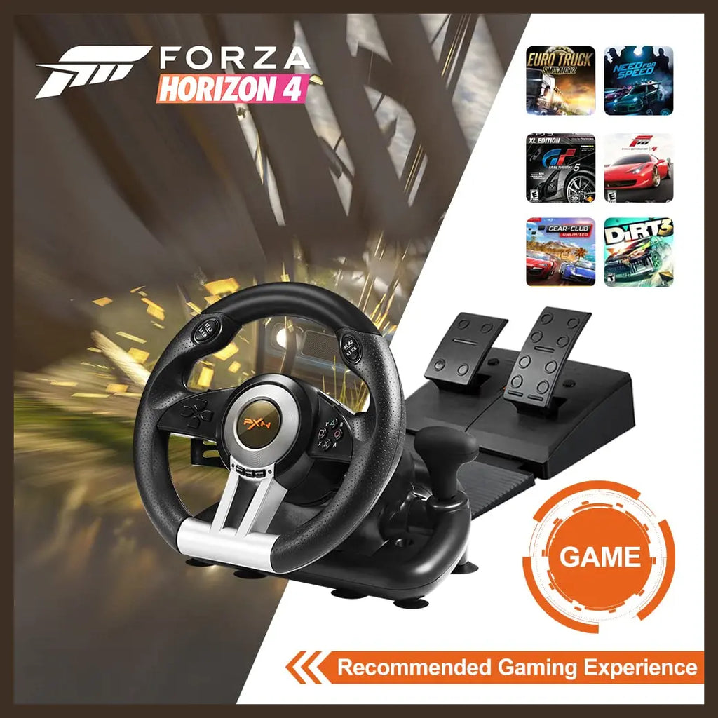 PXN V3 Pro Gaming Racing Steering Wheel, 180-Degree Steering, Dual Vibration Motors, Linear Pedals, Black