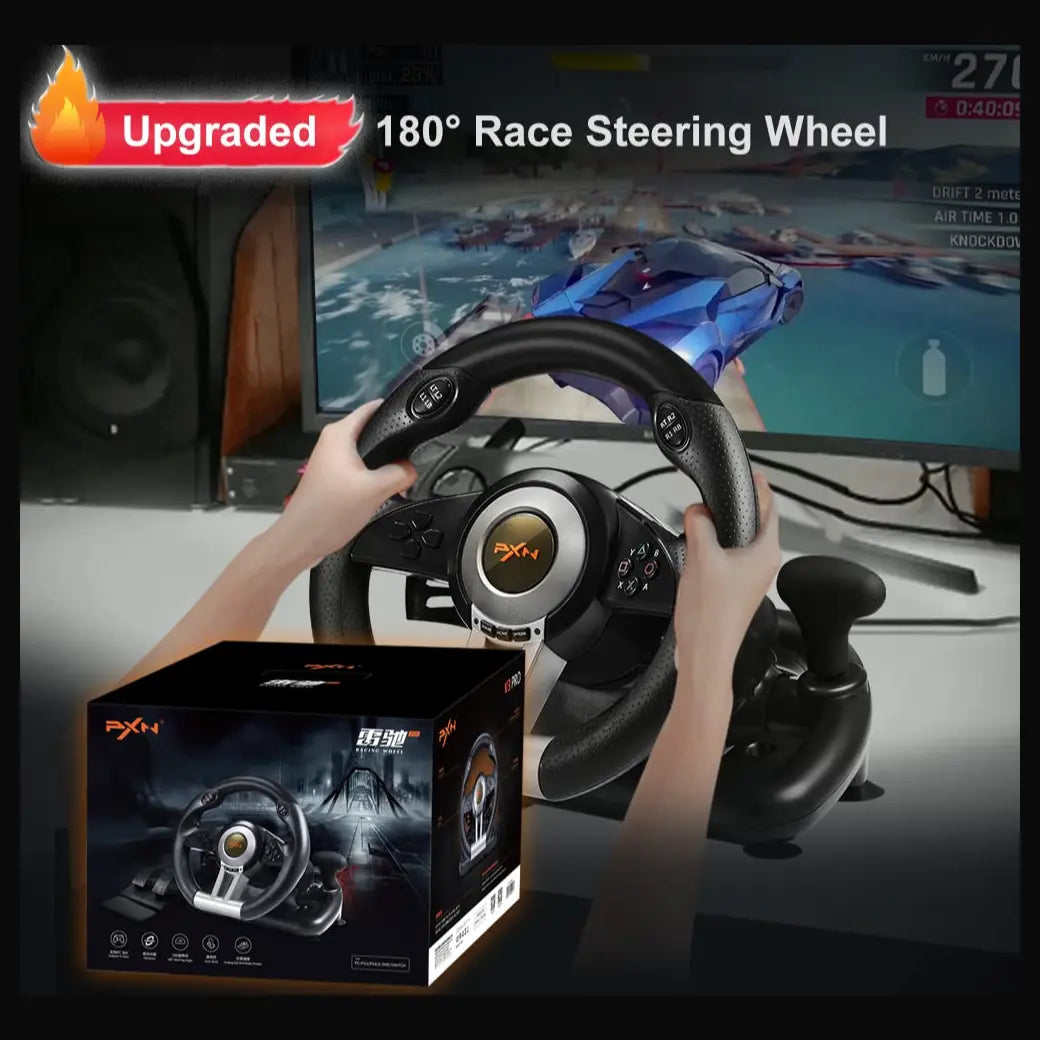 PXN V3 Pro Gaming Racing Steering Wheel, 180-Degree Steering, Dual Vibration Motors, Linear Pedals, Black