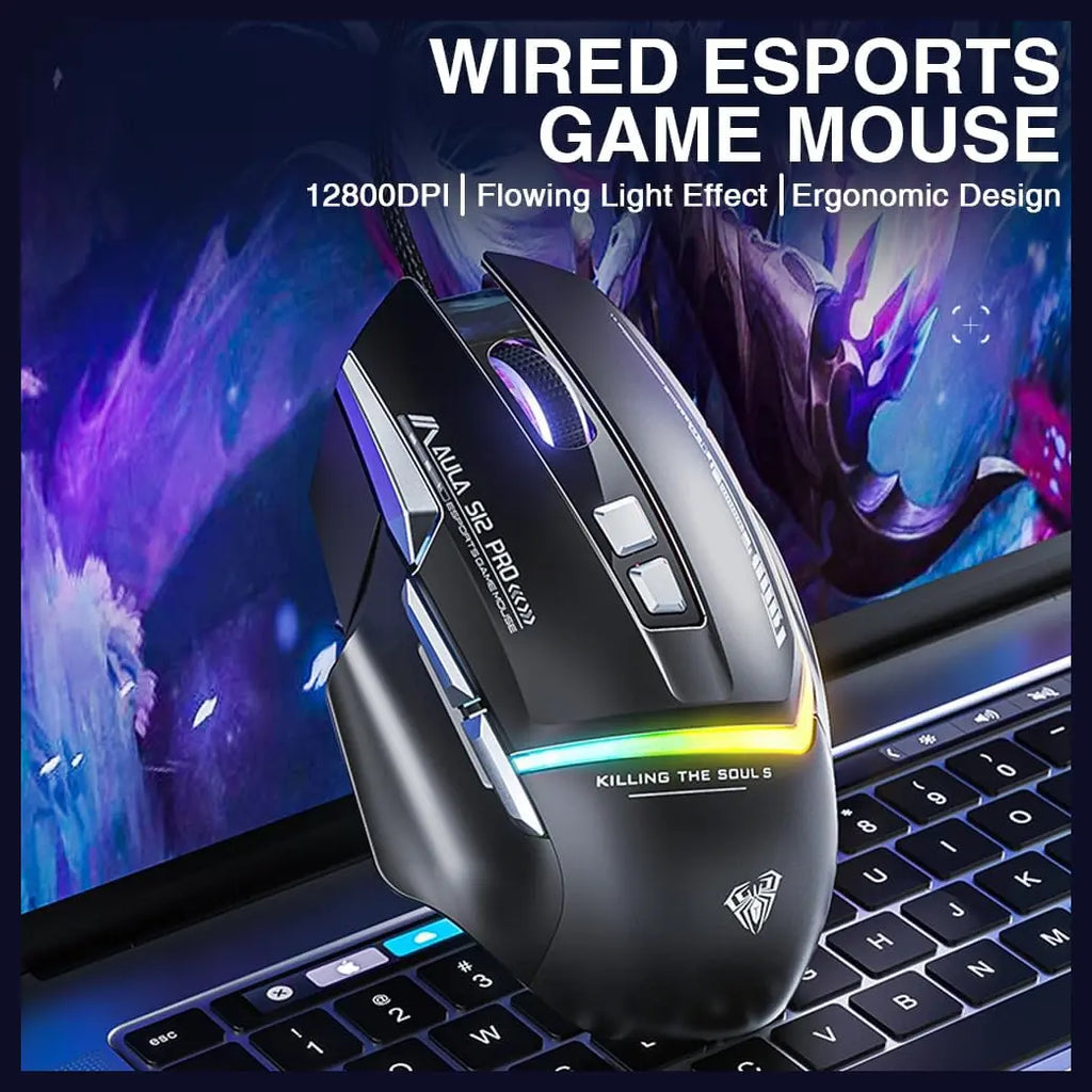 Aula Mountain S12Pro Wired Optical Gamer Mouse, 2800 DPI, RGB Backlight Effect