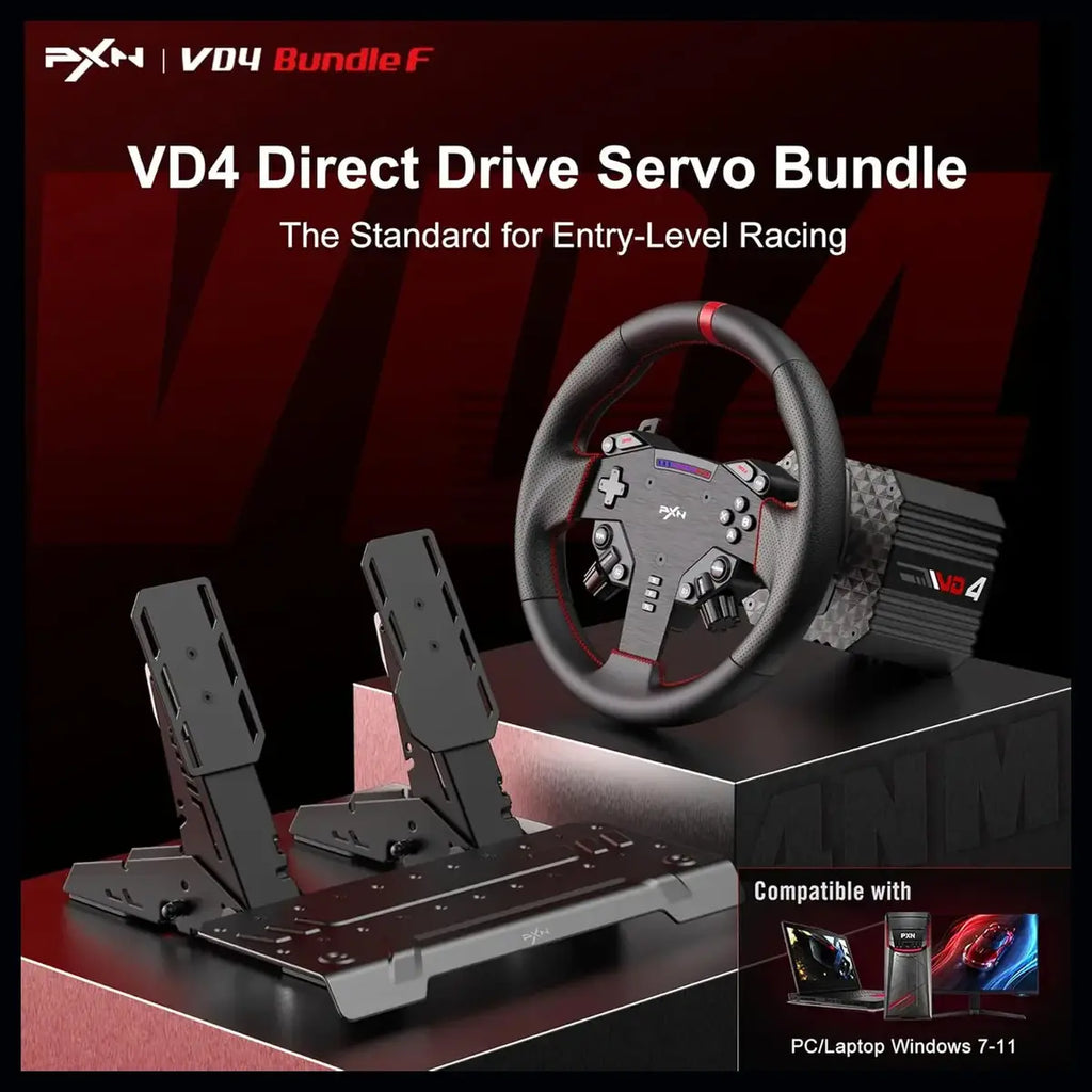 PXN VD4 Bundle PC Sim Racing Setup, 4Nm Direct Drive Servo Motor Base, 11-Inch W AS Racing Wheel, PD HM Brake and Throttle Pedals