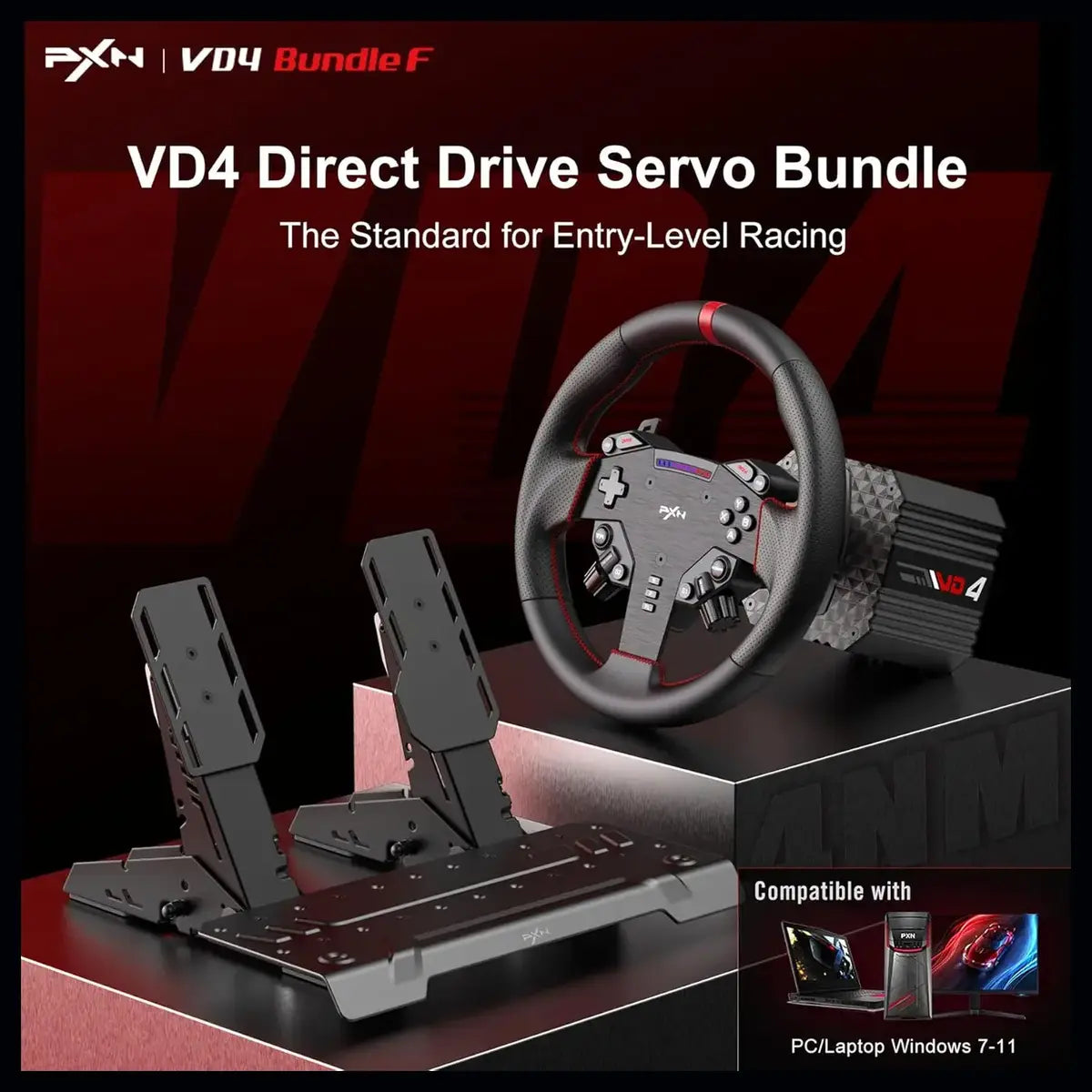 PXN VD4 Bundle PC Sim Racing Setup, 4Nm Direct Drive Servo Motor Base, 11-Inch W AS Racing Wheel, PD HM Brake and Throttle Pedals