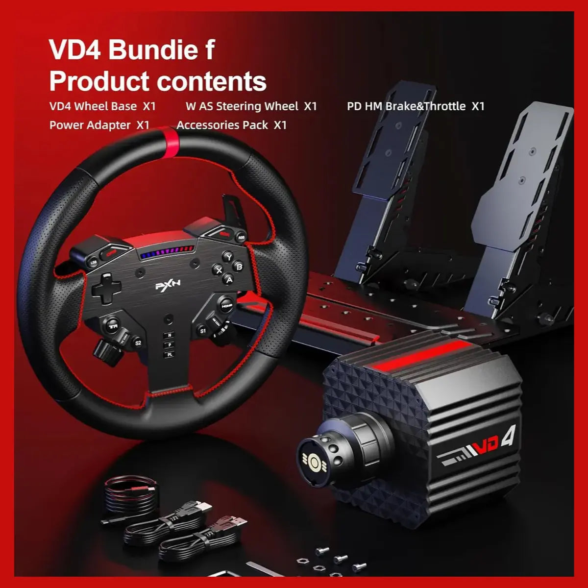 PXN VD4 Bundle PC Sim Racing Setup, 4Nm Direct Drive Servo Motor Base, 11-Inch W AS Racing Wheel, PD HM Brake and Throttle Pedals