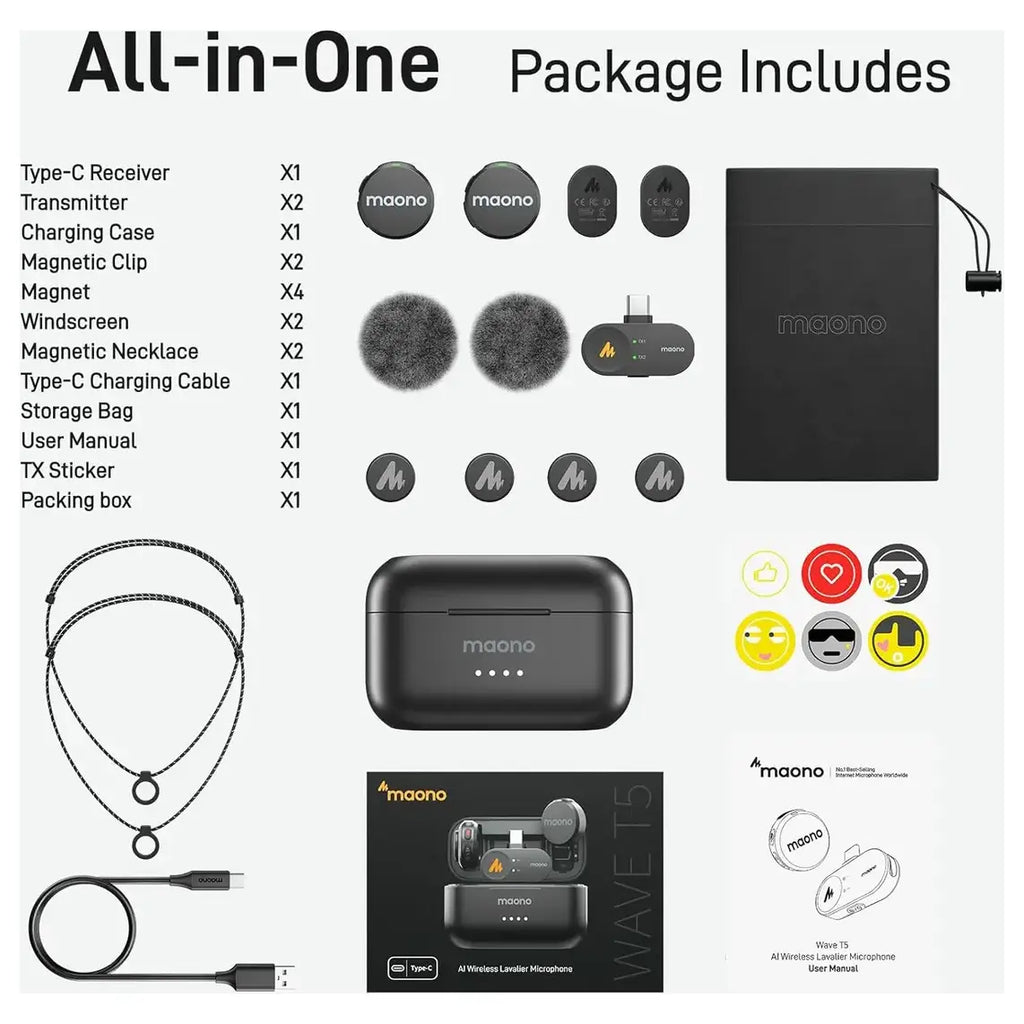 Maono Wave T5 Wireless Lavalier Microphone, USB C, 48KHz 24Bit, 300m Range, 30H, WAVE T5 PC2