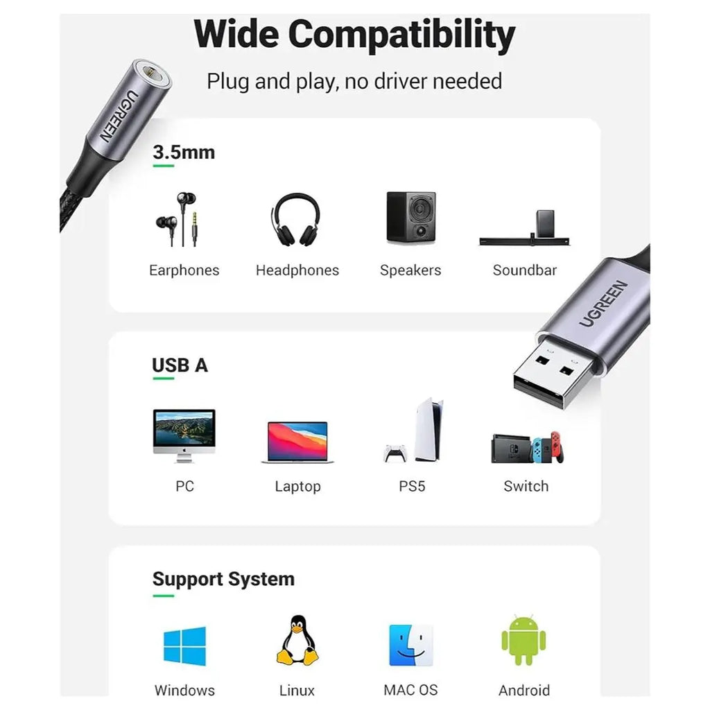 UGREEN USB To 3.5mm Jack Audio Adapter Sound Card, 24bit 96kHz, 9.8 Inch, 30757