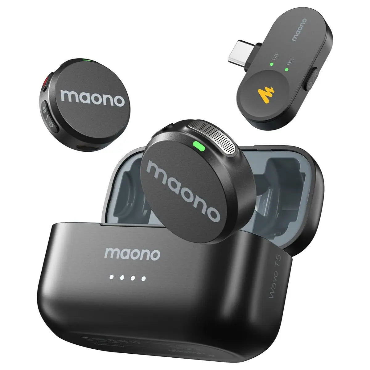 Maono Wave T5 WM650 PC2 AI Wireless Lavalier Microphone for Type-C and iPhone 15/16, 80dB SNR 120dB SPL 48kHz/24-Bit, 1000ft, 30H