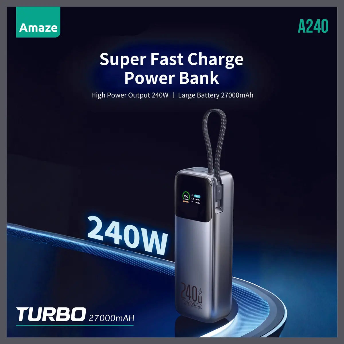 Amaze A240 Super Fast Power Bank 27000mAh 240W PD 3.1 140W Dual Type-C and USB-A 97.2Wh