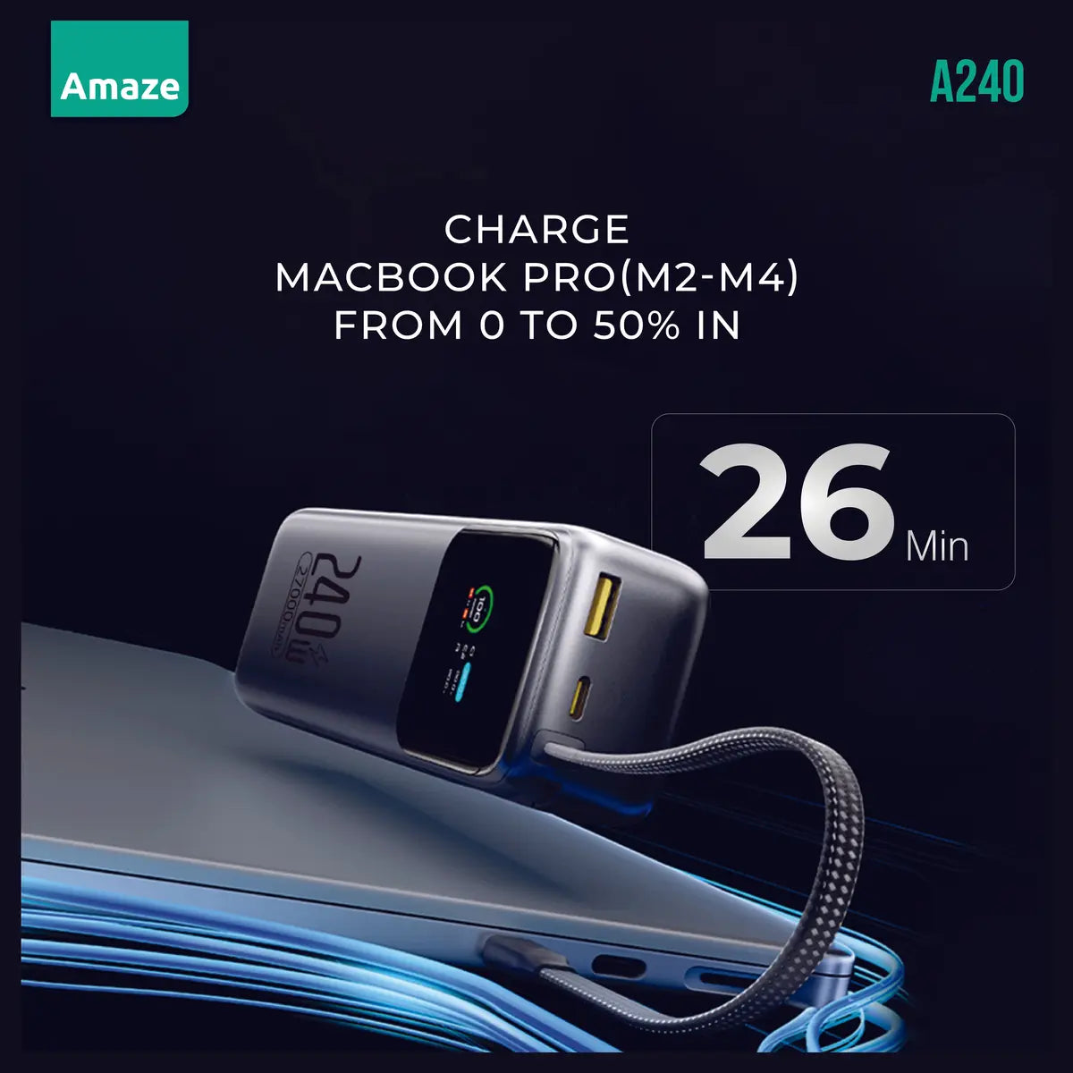 Amaze A240 Super Fast Power Bank 27000mAh 240W PD 3.1 140W Dual Type-C and USB-A 97.2Wh
