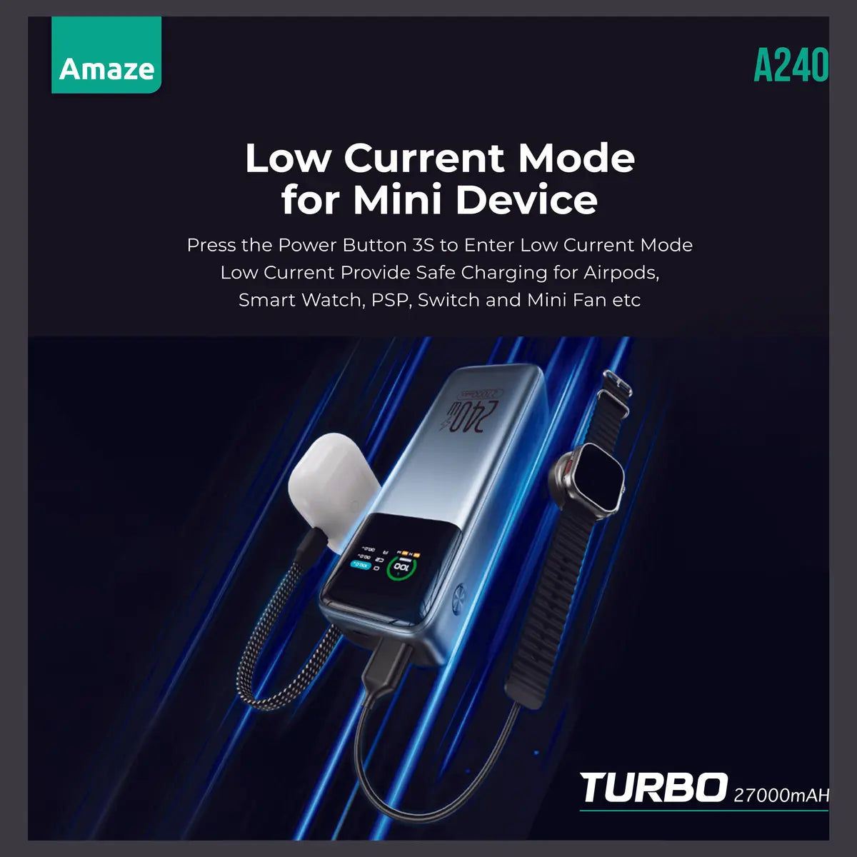 Amaze A240 Super Fast Power Bank 27000mAh 240W PD 3.1 140W Dual Type-C and USB-A 97.2Wh