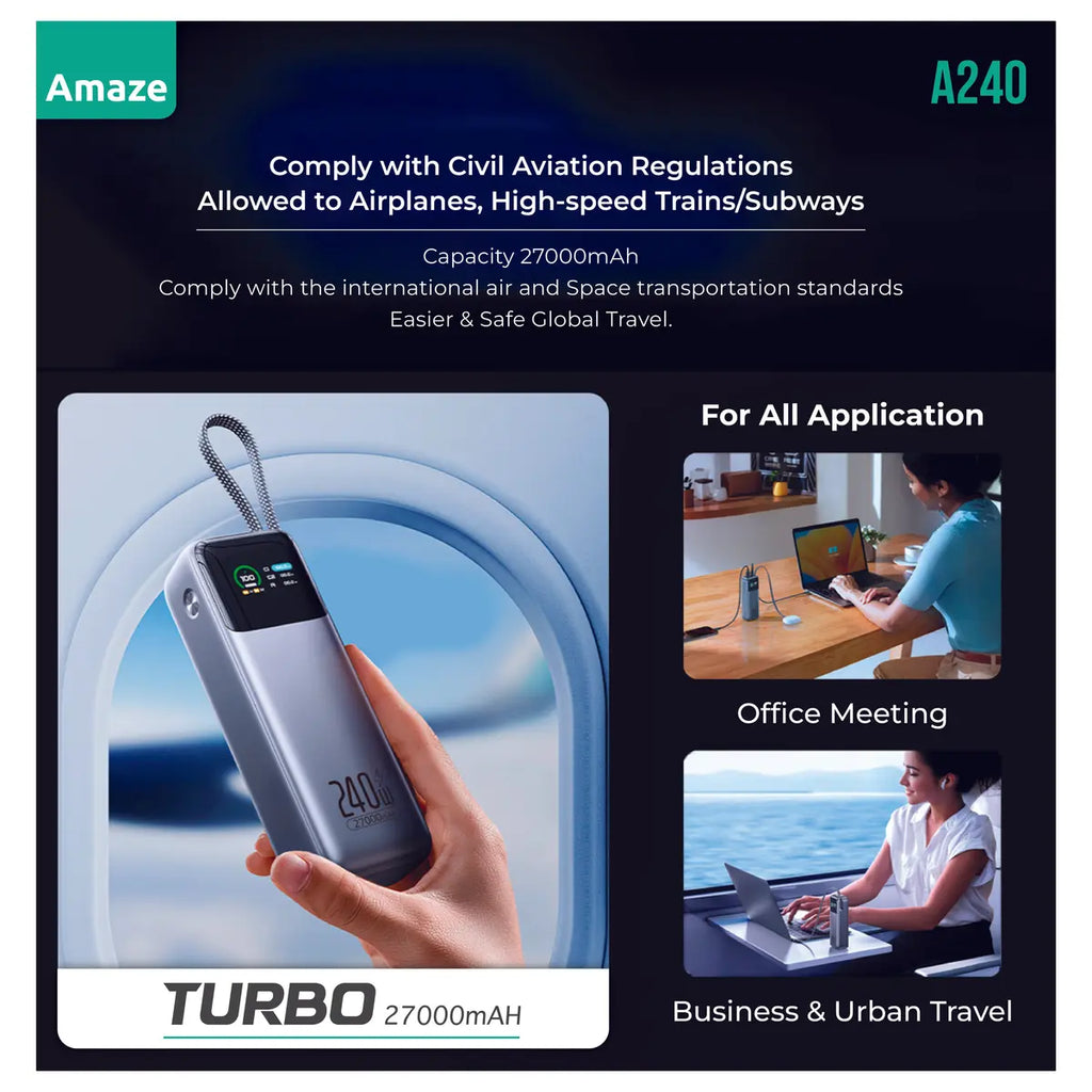 Amaze A240 Super Fast Power Bank 27000mAh 240W PD 3.1 140W Dual Type-C and USB-A 97.2Wh