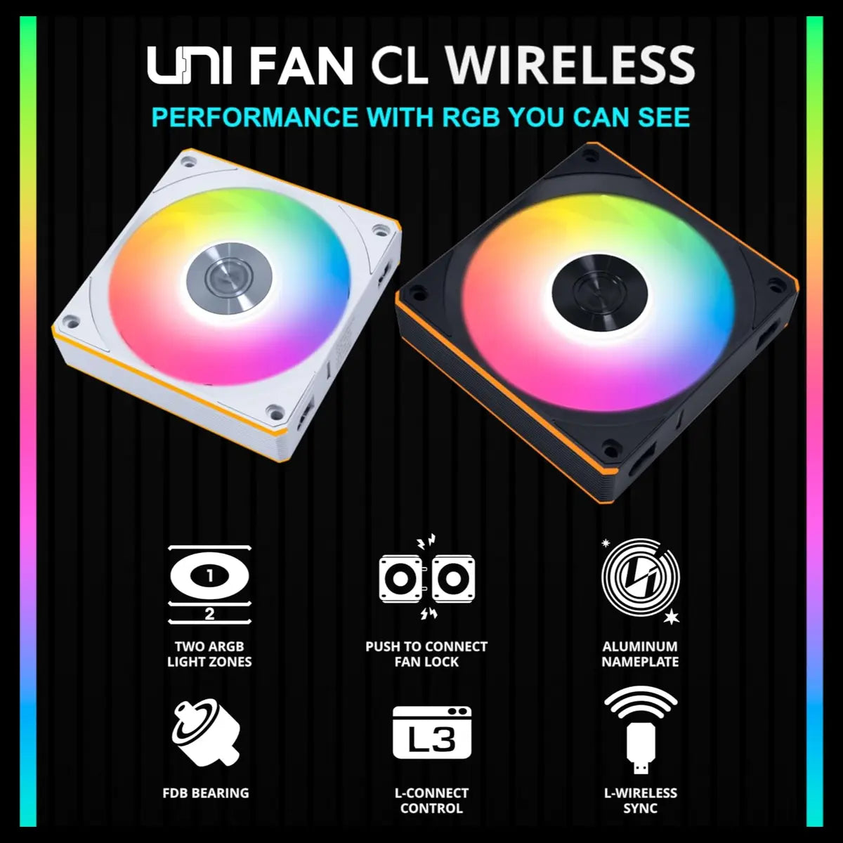 Lian Li UNI Fan CL Wireless 120 ARGB 120mm PWM Fans Triple Pack 2.4GHz Wireless Signal Dual Light Zones Black 12CL1W3B
