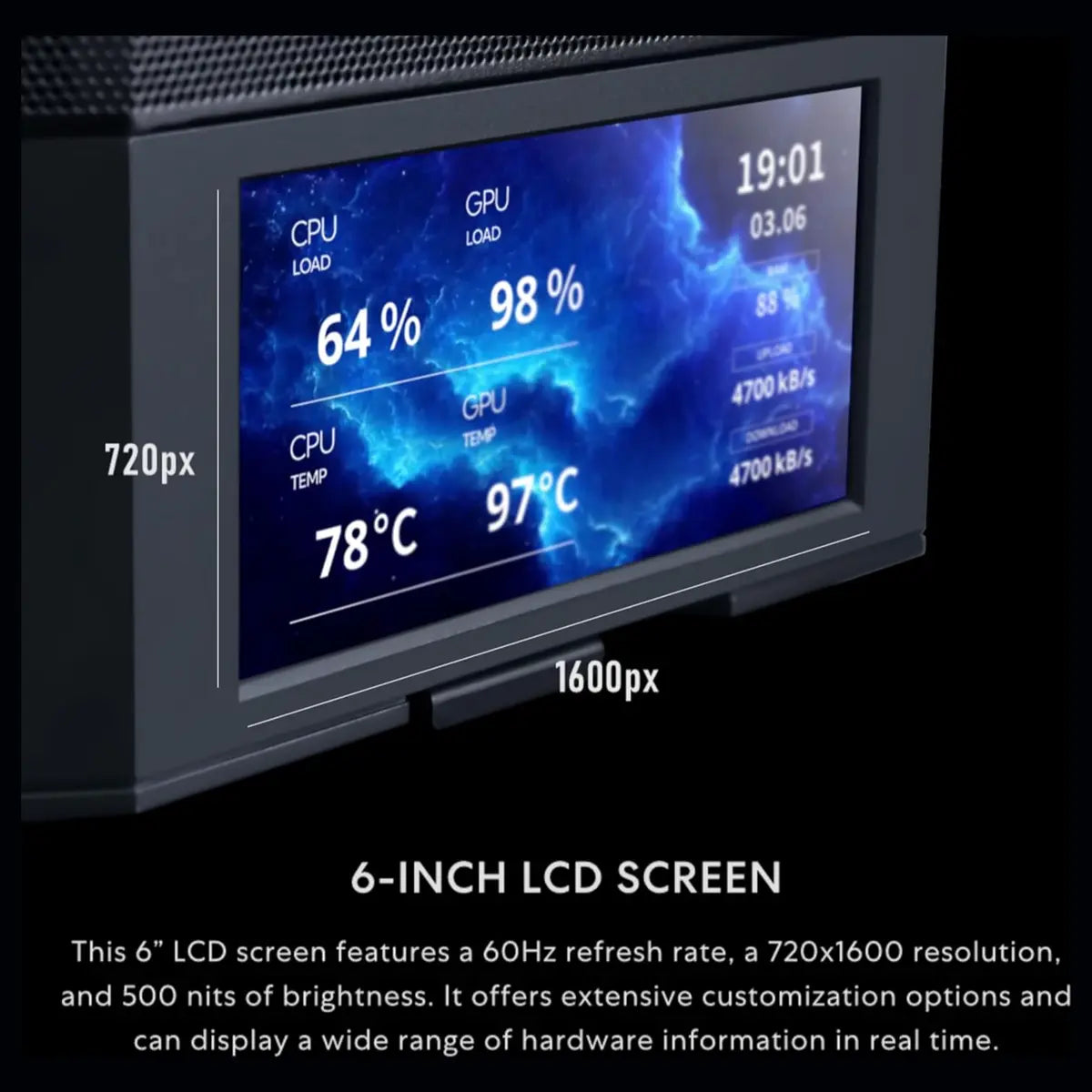 Lian Li LANCOOL 207 Digital Mid-Tower PC Case, Integrated 6' LCD Screen, ATX Compatibility, 4 Fans Pre-Installed, Black LAN207DX