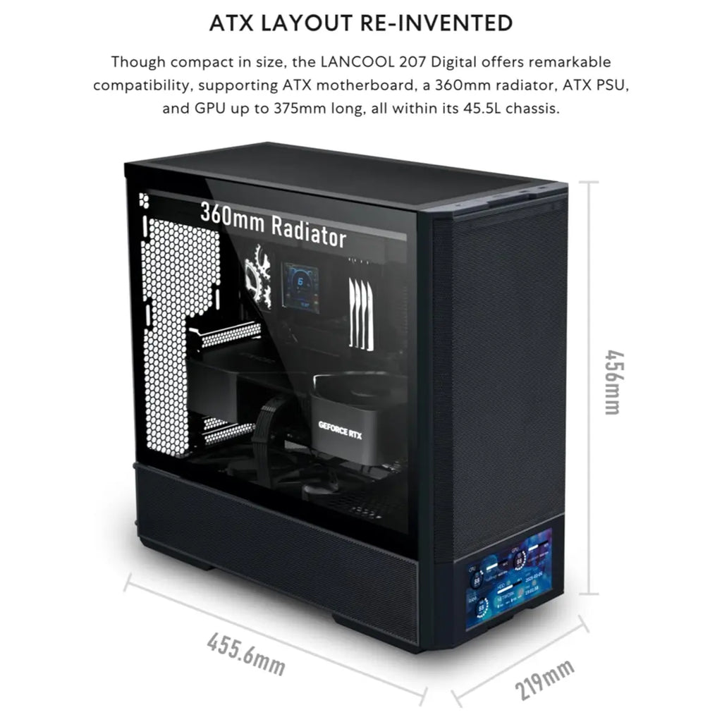 Lian Li LANCOOL 207 Digital Mid-Tower PC Case, Integrated 6' LCD Screen, ATX Compatibility, 4 Fans Pre-Installed, Black LAN207DX