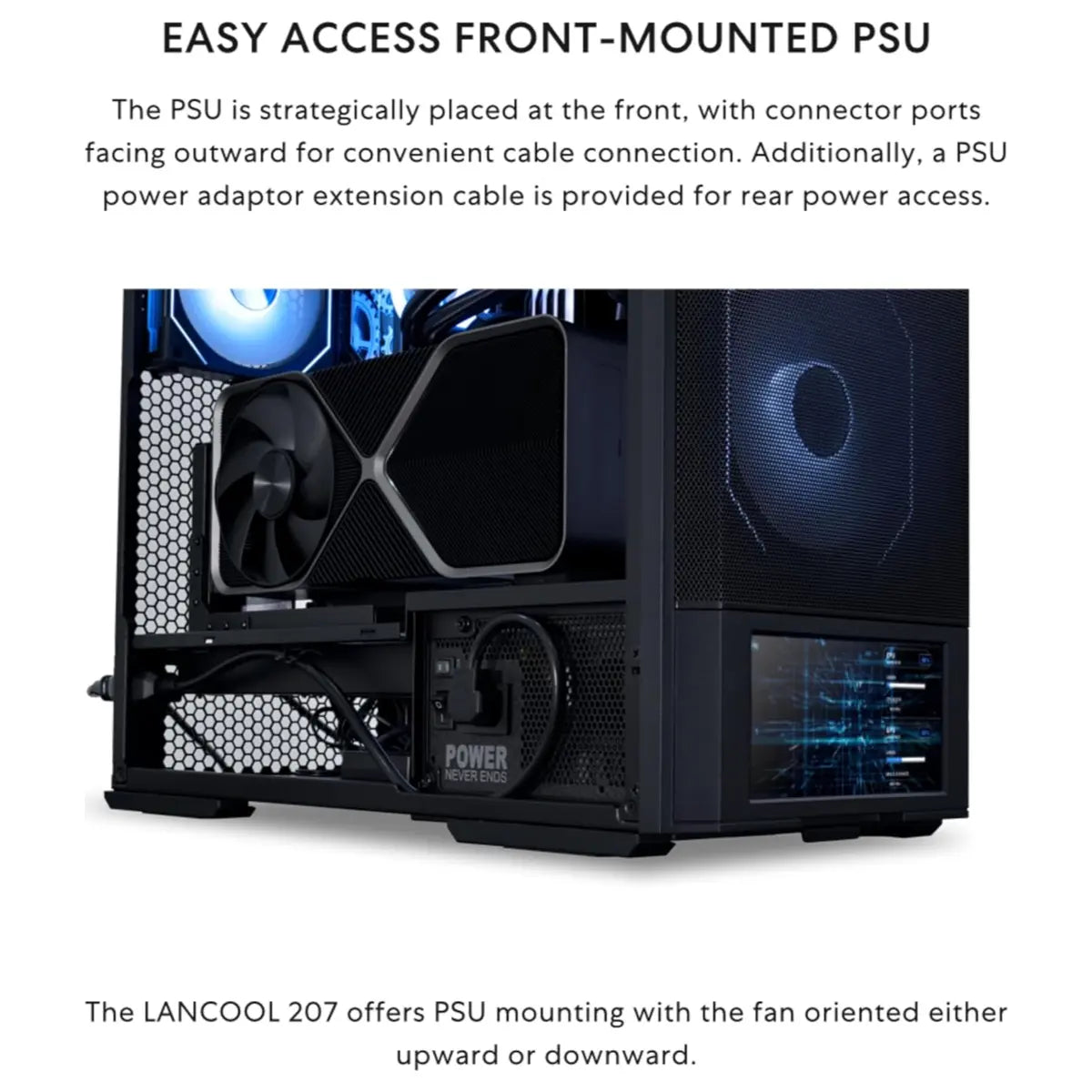 Lian Li LANCOOL 207 Digital Mid-Tower PC Case, Integrated 6' LCD Screen, ATX Compatibility, 4 Fans Pre-Installed, Black LAN207DX