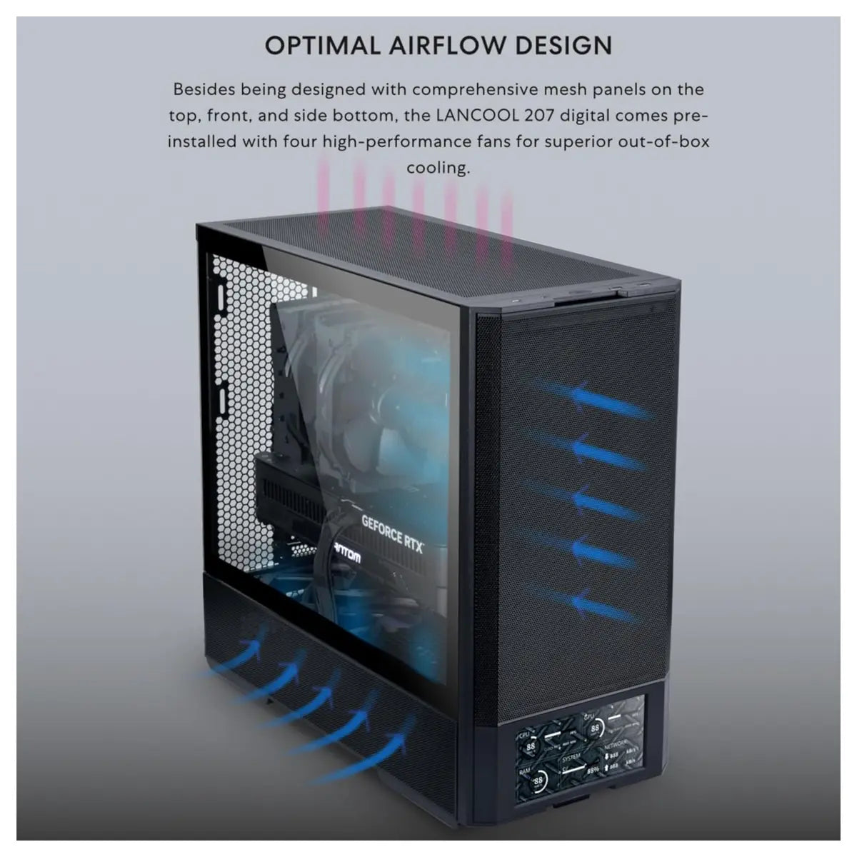Lian Li LANCOOL 207 Digital Mid-Tower PC Case, Integrated 6' LCD Screen, ATX Compatibility, 4 Fans Pre-Installed, Black LAN207DX