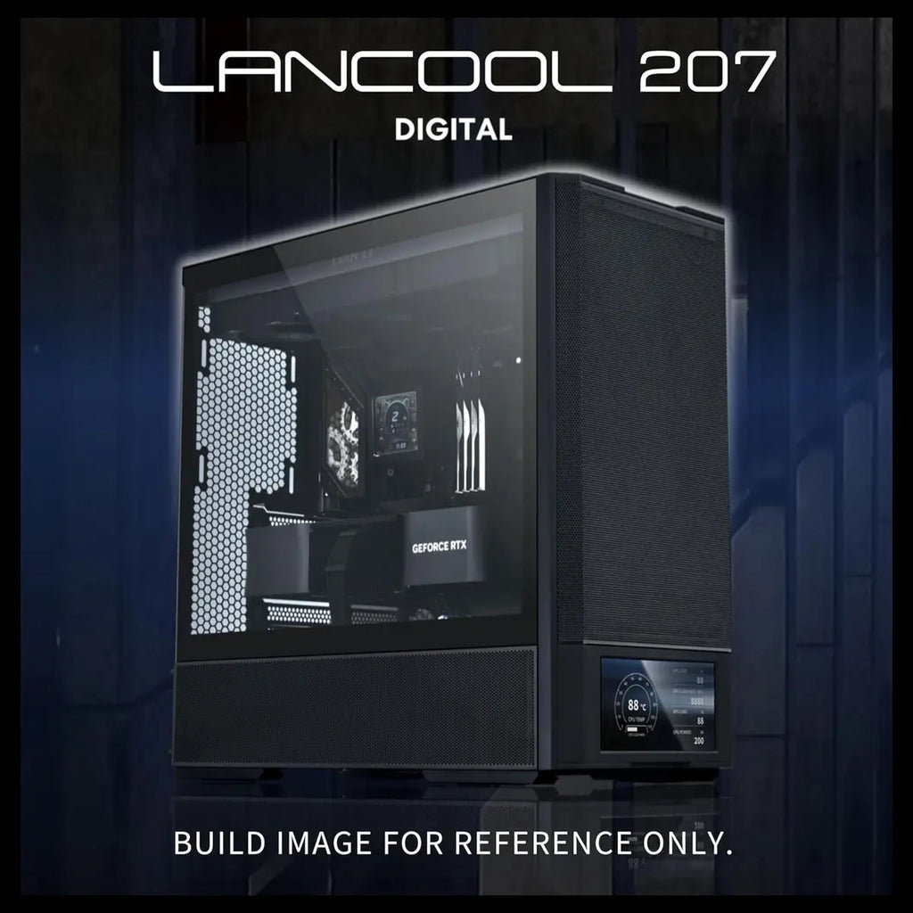 Lian Li LANCOOL 207 Digital Mid-Tower PC Case, Integrated 6' LCD Screen, ATX Compatibility, 4 Fans Pre-Installed, Black LAN207DX