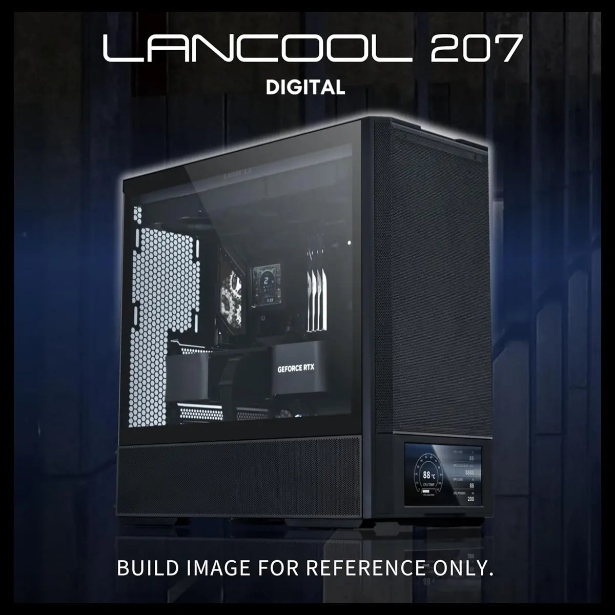 Lian Li LANCOOL 207 Digital Mid-Tower PC Case, Integrated 6' LCD Screen, ATX Compatibility, 4 Fans Pre-Installed, Black LAN207DX