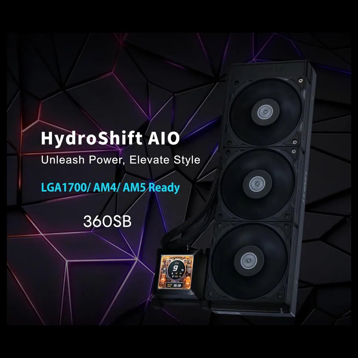 Lian Li Hydroshift 360 AIO Liquid CPU Cooler, 2.88' IPS LCD 480x480, LGA1851 1700 1200 AM5 AM4, Black, HSLCD36SB