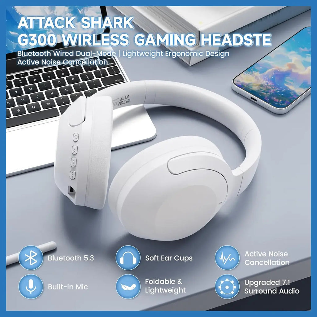 ATTACK SHARK G300 Wireless Over-Ear Headphones, Active Noise Cancelling, Bluetooth 5.3, Built-in Mic, White