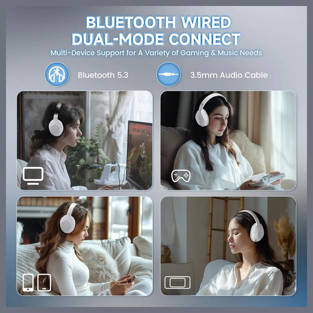 ATTACK SHARK G300 Wireless Over-Ear Headphones, Active Noise Cancelling, Bluetooth 5.3, Built-in Mic, White