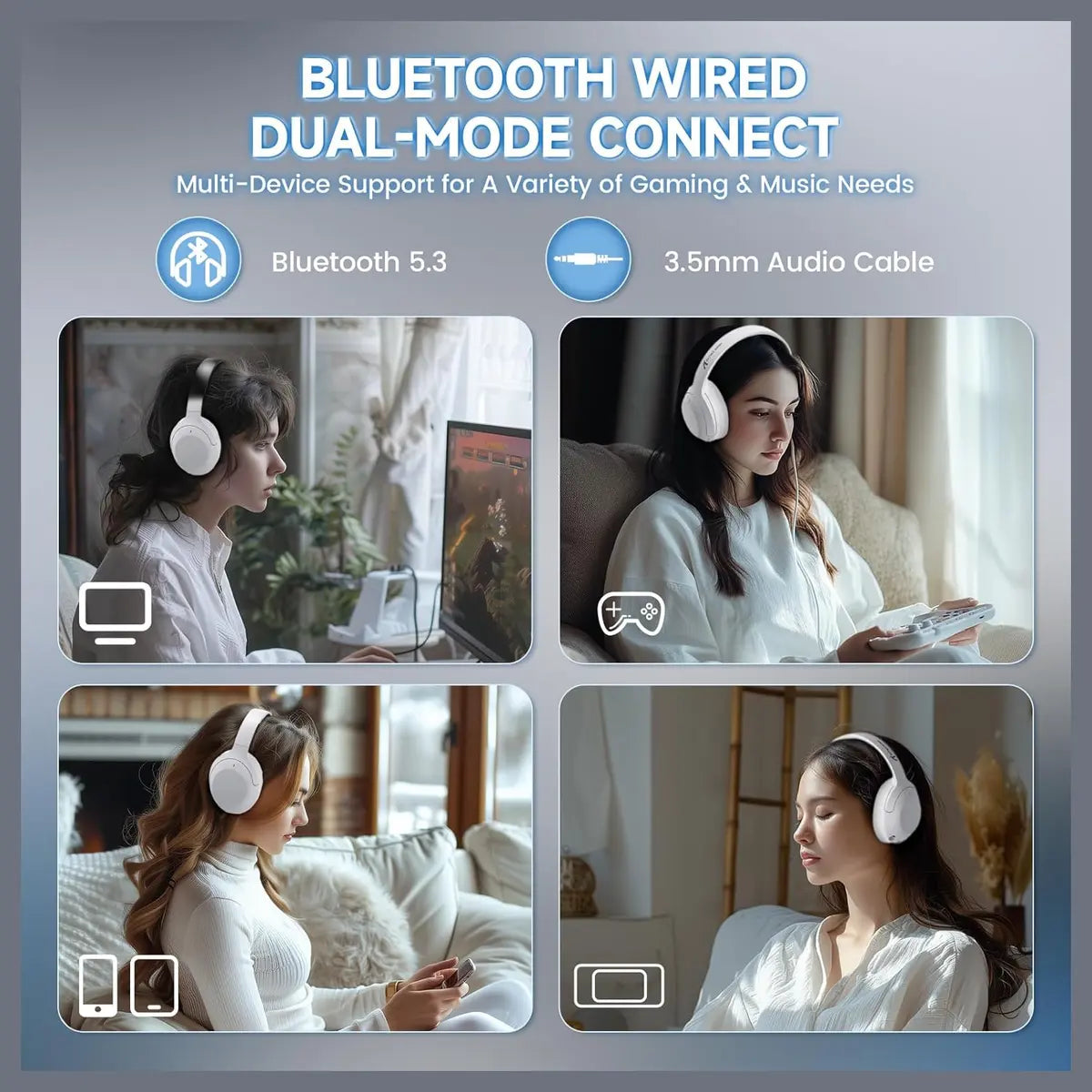 ATTACK SHARK G300 Wireless Over-Ear Headphones, Active Noise Cancelling, Bluetooth 5.3, Built-in Mic, White