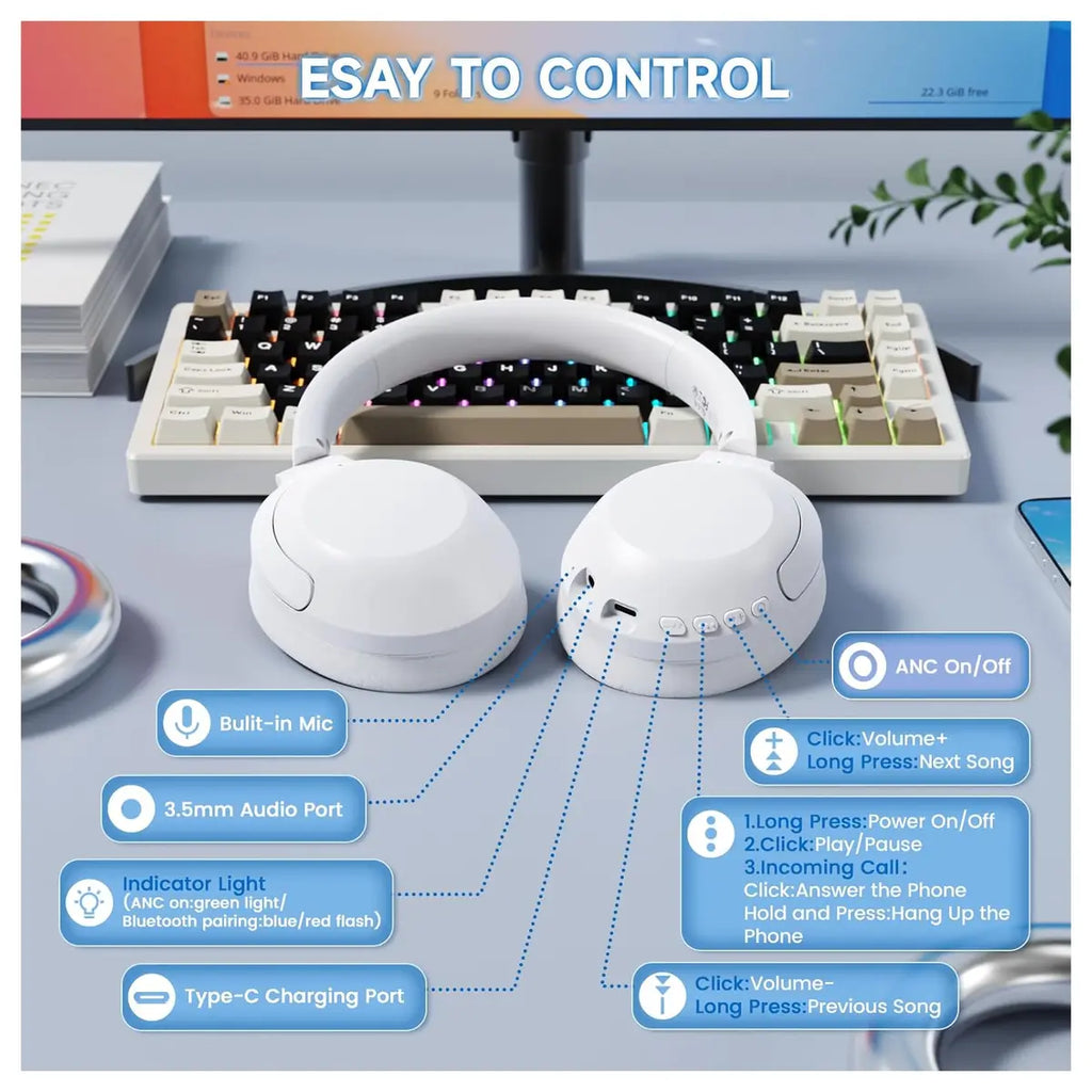 ATTACK SHARK G300 Wireless Over-Ear Headphones, Active Noise Cancelling, Bluetooth 5.3, Built-in Mic, White
