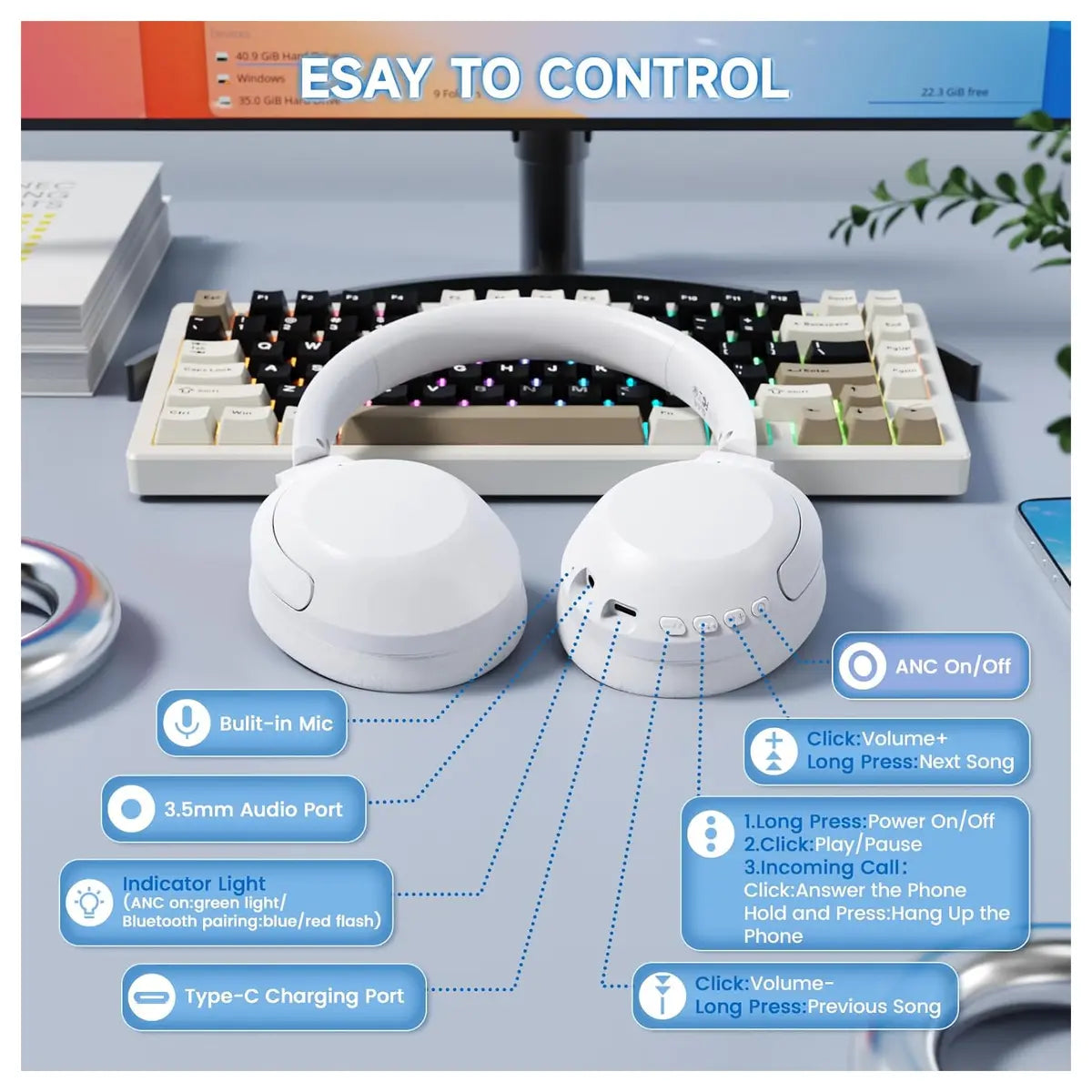 ATTACK SHARK G300 Wireless Over-Ear Headphones, Active Noise Cancelling, Bluetooth 5.3, Built-in Mic, White