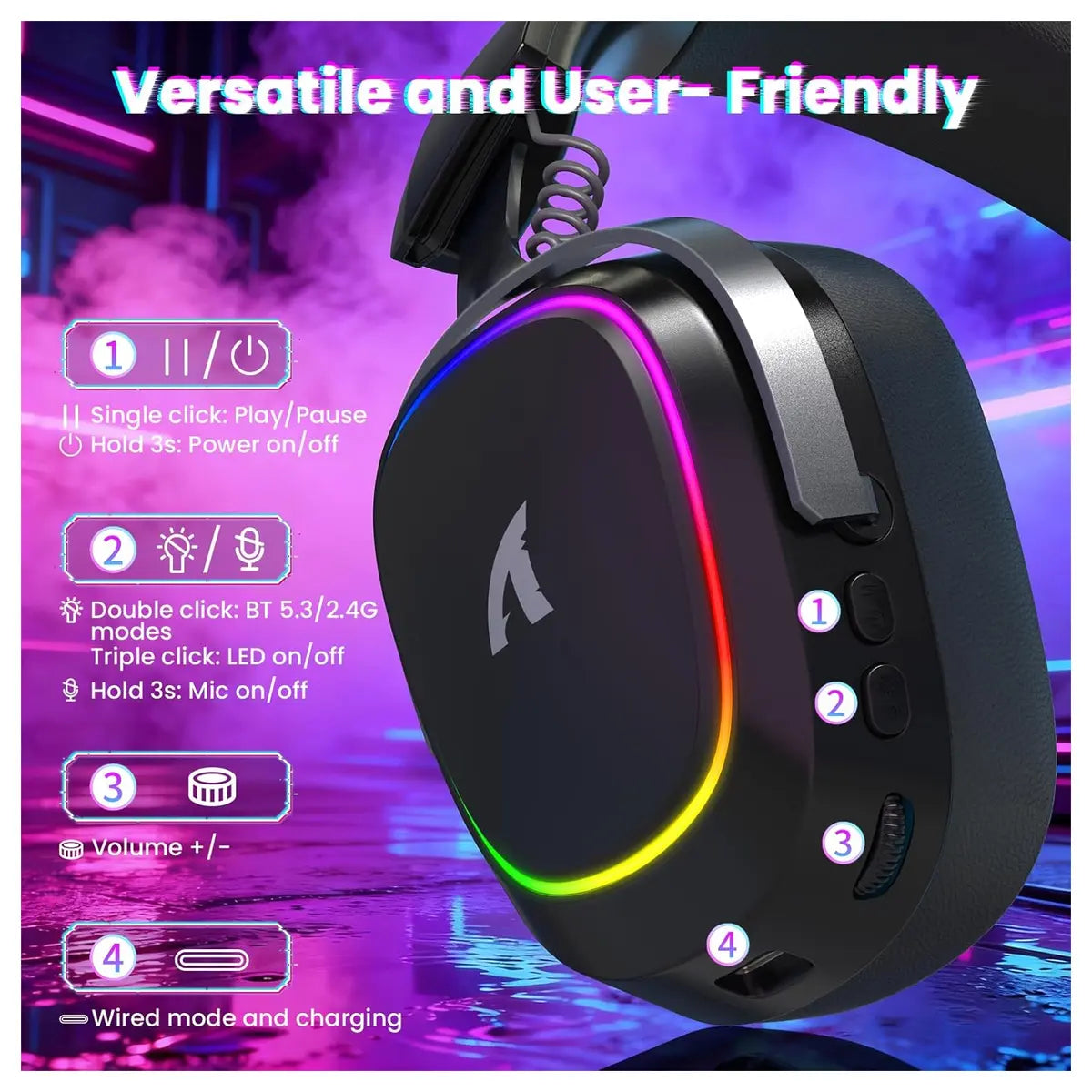 ATTACK SHARK G800 Wireless RGB Gaming Headset, 7.1 Surround Sound, 50mm Drivers, 2.4GHz Bluetooth Wired, Black
