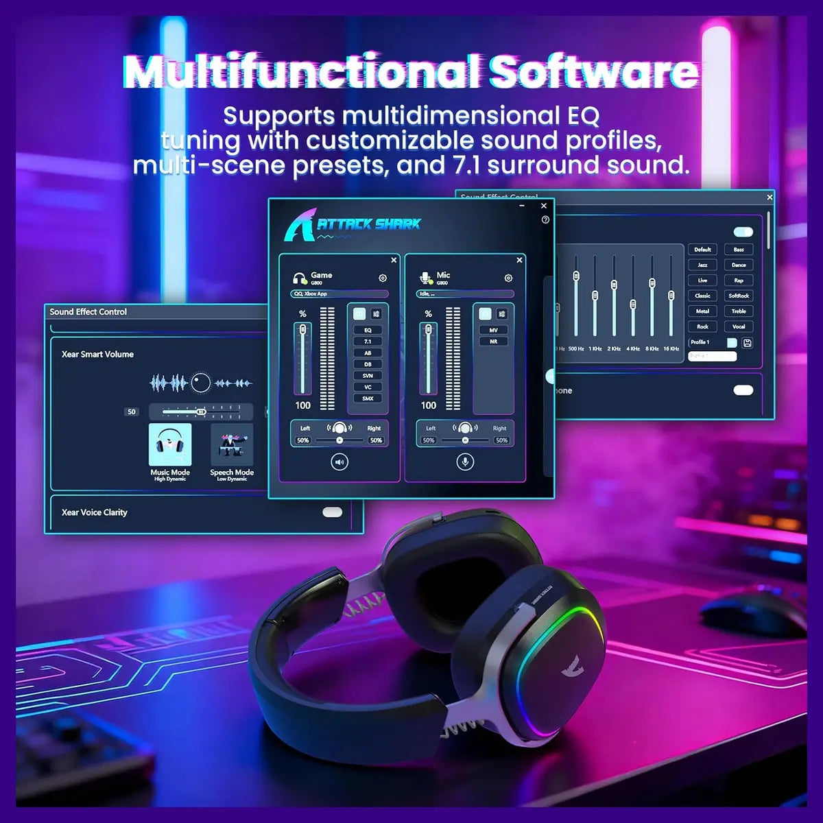 ATTACK SHARK G800 Wireless RGB Gaming Headset, 7.1 Surround Sound, 50mm Drivers, 2.4GHz Bluetooth Wired, Black