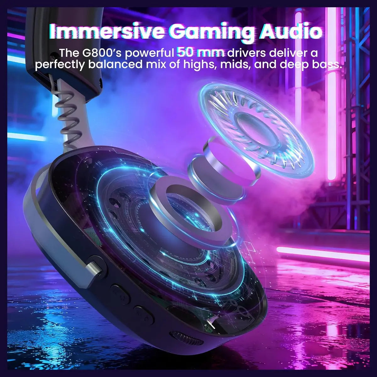 ATTACK SHARK G800 Wireless RGB Gaming Headset, 7.1 Surround Sound, 50mm Drivers, 2.4GHz Bluetooth Wired, Black