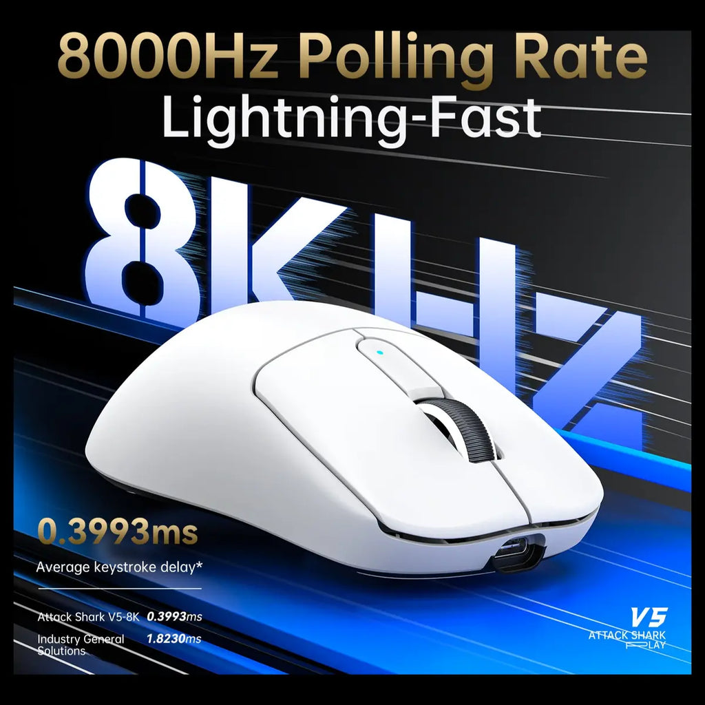 ATTACK SHARK V5 Ultra-Light Tri-Mode Gaming Mouse, 42000 DPI, 8000Hz, 53g, 500mAh, White