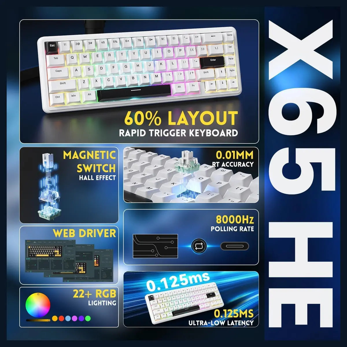 ATTACK SHARK X65 HE Mechanical Gaming Keyboard Wired Hall Effect Rapid Trigger 65% 8KHz Polling Rate PBT Keycaps White