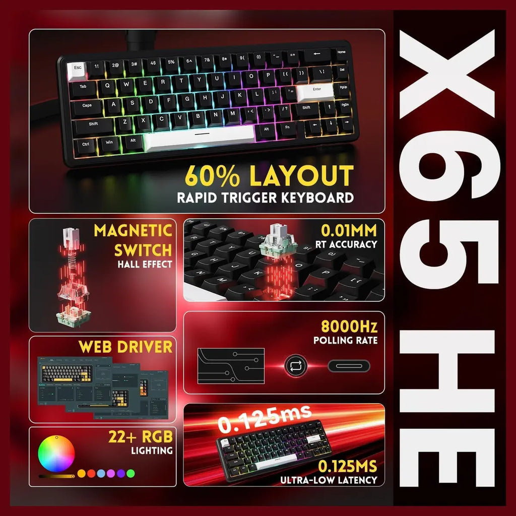 ATTACK SHARK X65 HE Wired 65% Mechanical Gaming Keyboard, Hall Effect Magnetic Switch, Rapid Trigger, Hot Swap, RGB, 8000Hz, Black
