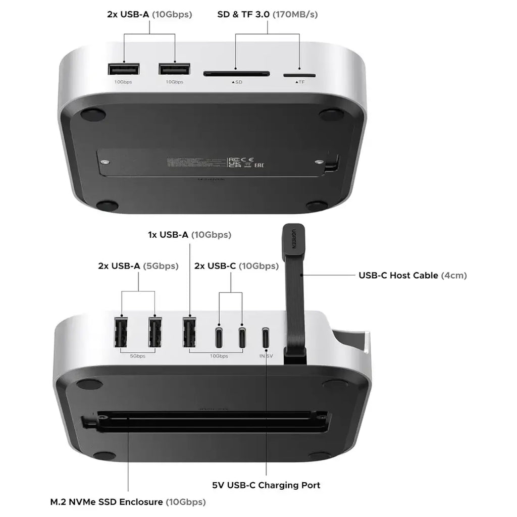 Ugreen Mac Mini M4 Dock, 11-in-1 USB-C Hub With 8TB M.2 NVMe Enclosure 10Gbps, 5x USB-A, 2x USB-C, SD and TF Card Slot, Model 65487