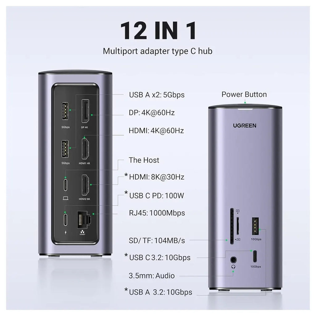 Ugreen Docking Station Triple Display 12-in-1, 8K, 2 HDMI, DP, 10Gbps USB-C and USB-A 3.2, 100W PD, Ethernet, Audio, SD and TF Card Reader