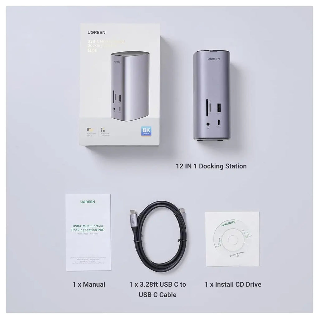 Ugreen Docking Station Triple Display 12-in-1, 8K, 2 HDMI, DP, 10Gbps USB-C and USB-A 3.2, 100W PD, Ethernet, Audio, SD and TF Card Reader