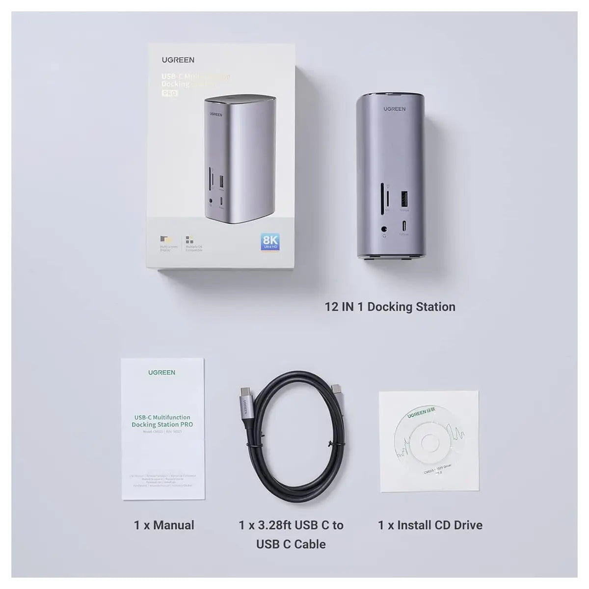 Ugreen Docking Station Triple Display 12-in-1, 8K, 2 HDMI, DP, 10Gbps USB-C and USB-A 3.2, 100W PD, Ethernet, Audio, SD and TF Card Reader