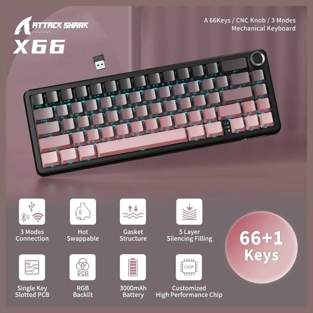 ATTACK SHARK X66 Wireless Gasket Mechanical Keyboard, Bluetooth 2.4G Type-C, 60% ANSI, Hot-Swap, RGB, 3000mAh, Blackberry