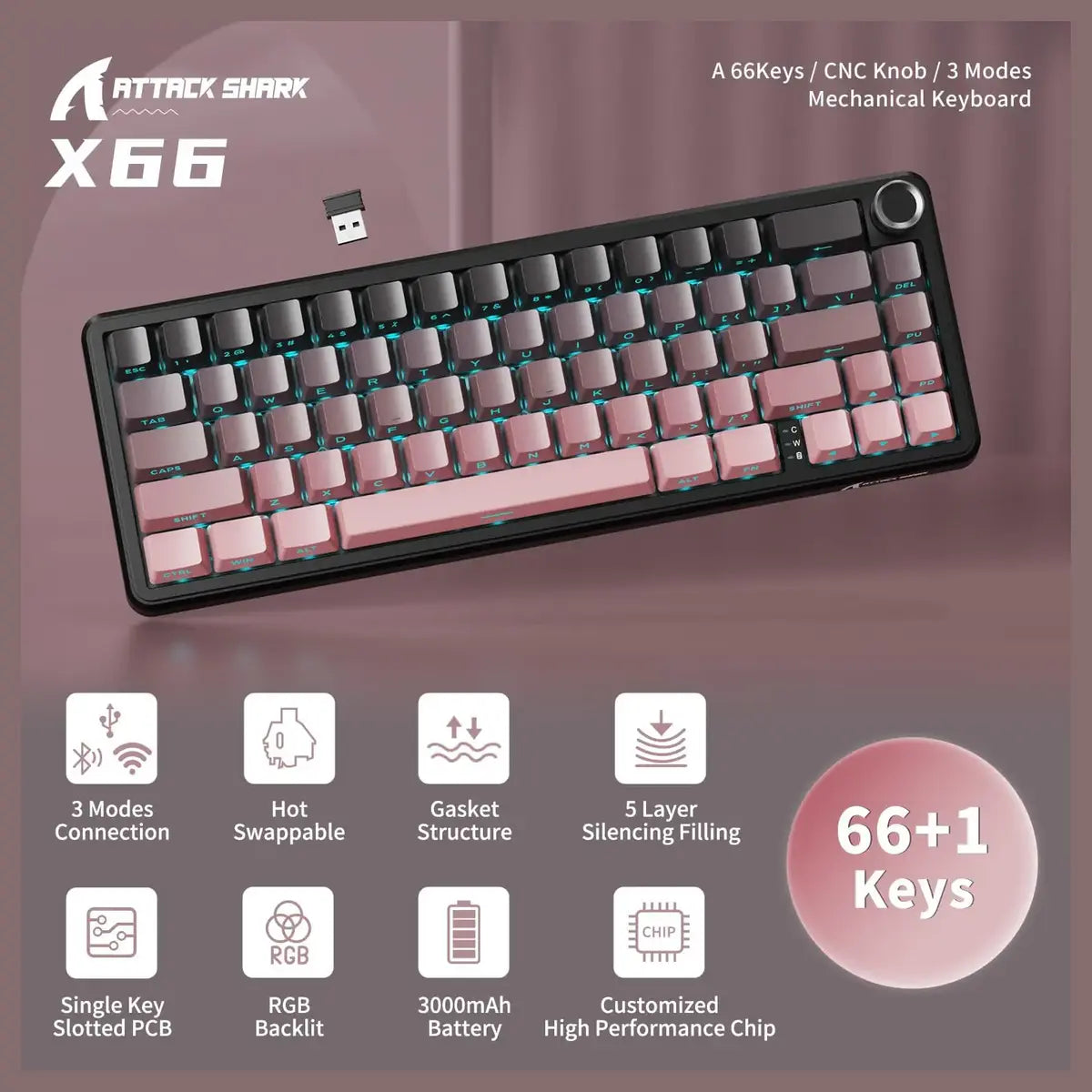 ATTACK SHARK X66 Wireless Gasket Mechanical Keyboard, Bluetooth 2.4G Type-C, 60% ANSI, Hot-Swap, RGB, 3000mAh, Blackberry